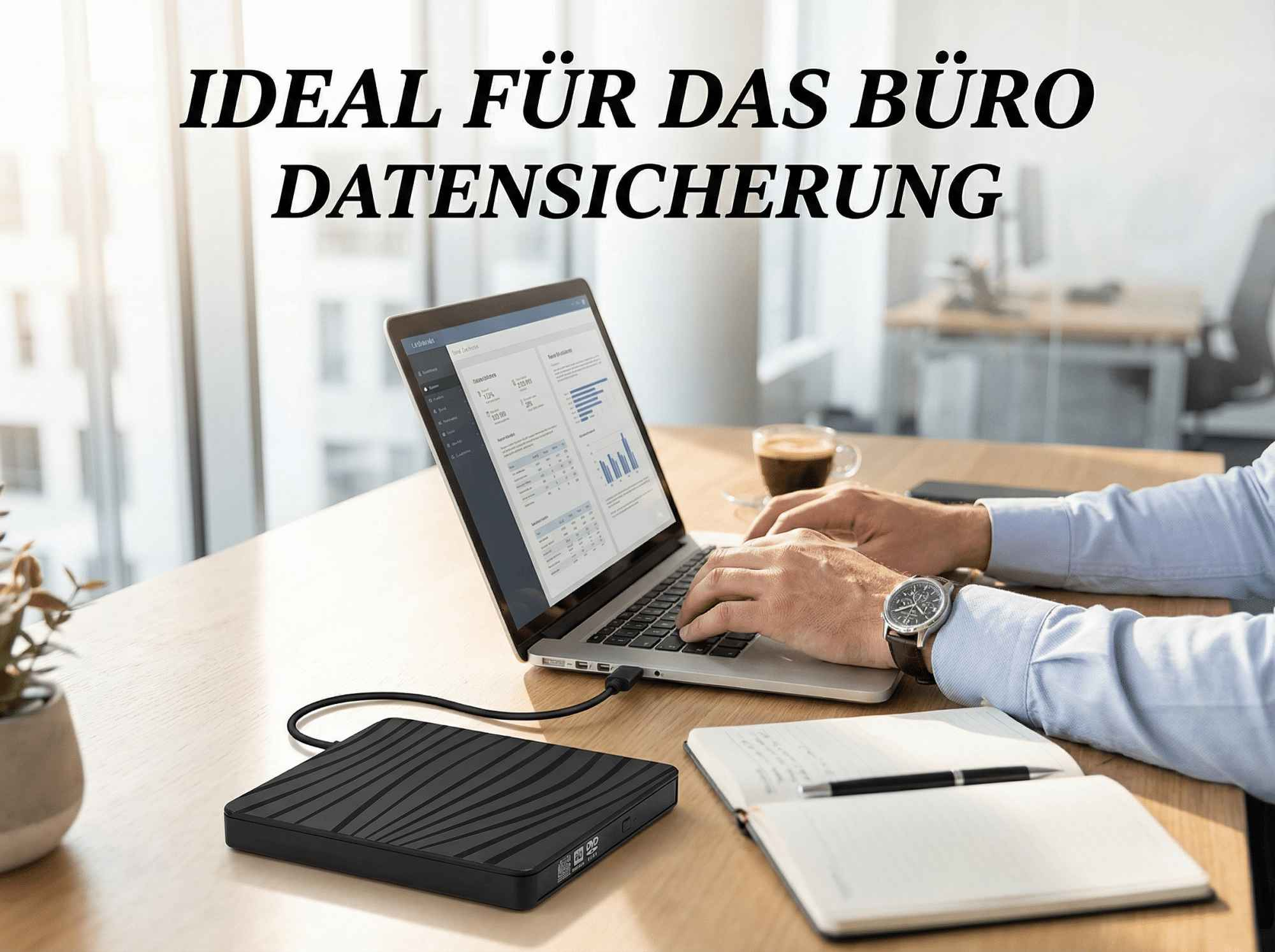 Eine Person benutzt einen Laptop, der mit einer externen Festplatte verbunden ist, auf einem Holztisch. Eine Kaffeetasse und ein Notizbuch sind ebenfalls vorhanden.