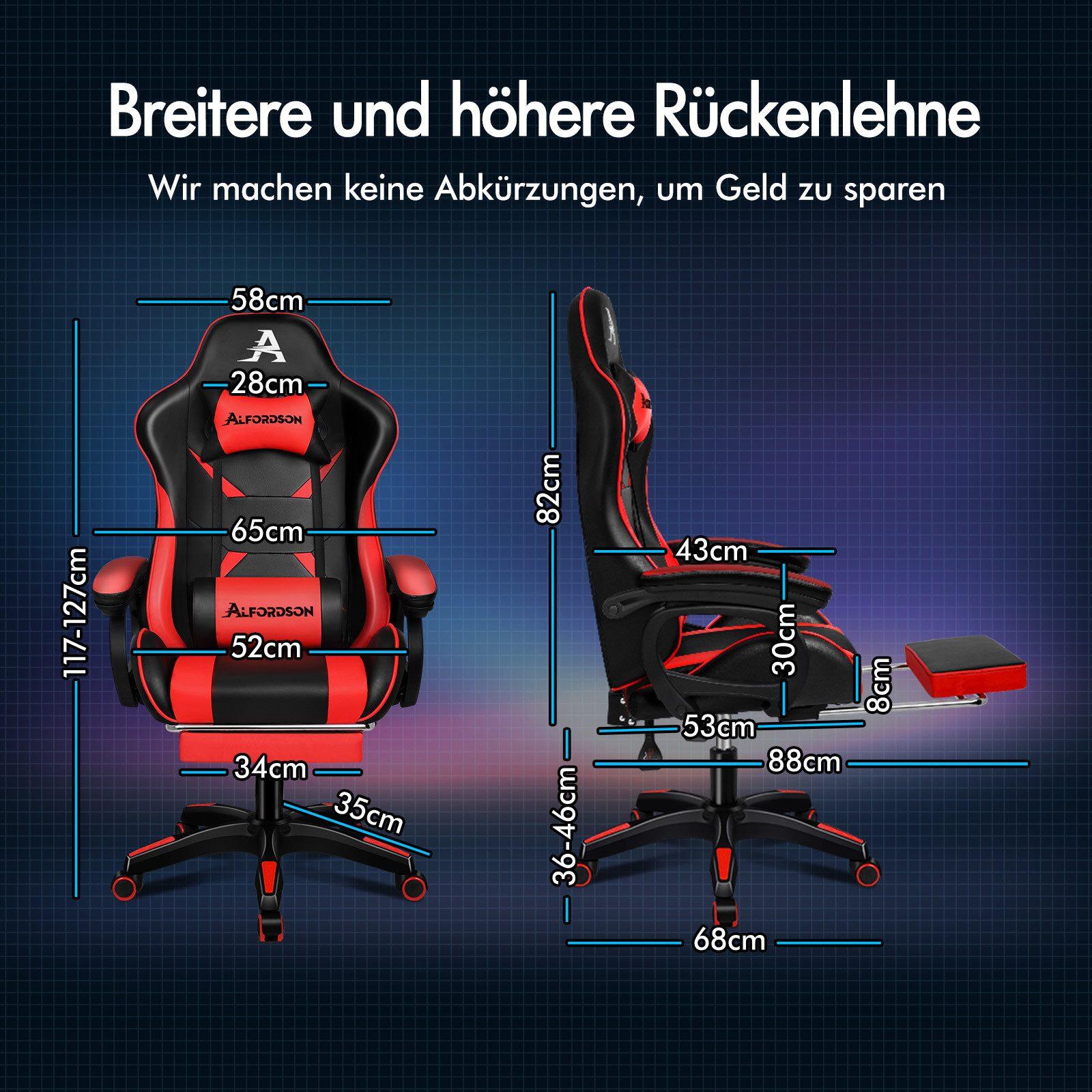 Silla gaming con diseño rojo y negro, medidas y etiquetas de texto sobre fondo azul.
