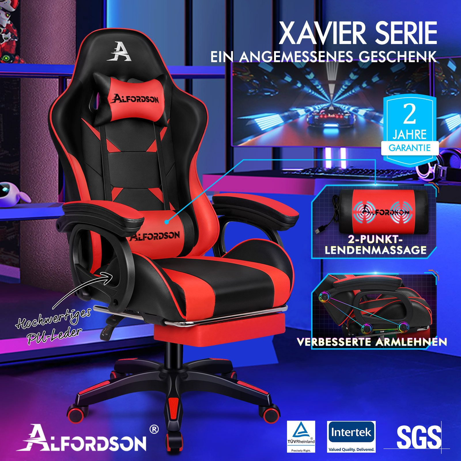 Silla gaming con diseño rojo y negro. Incluye reposacabezas, soporte lumbar y reposabrazos. La marca es Alfordson.