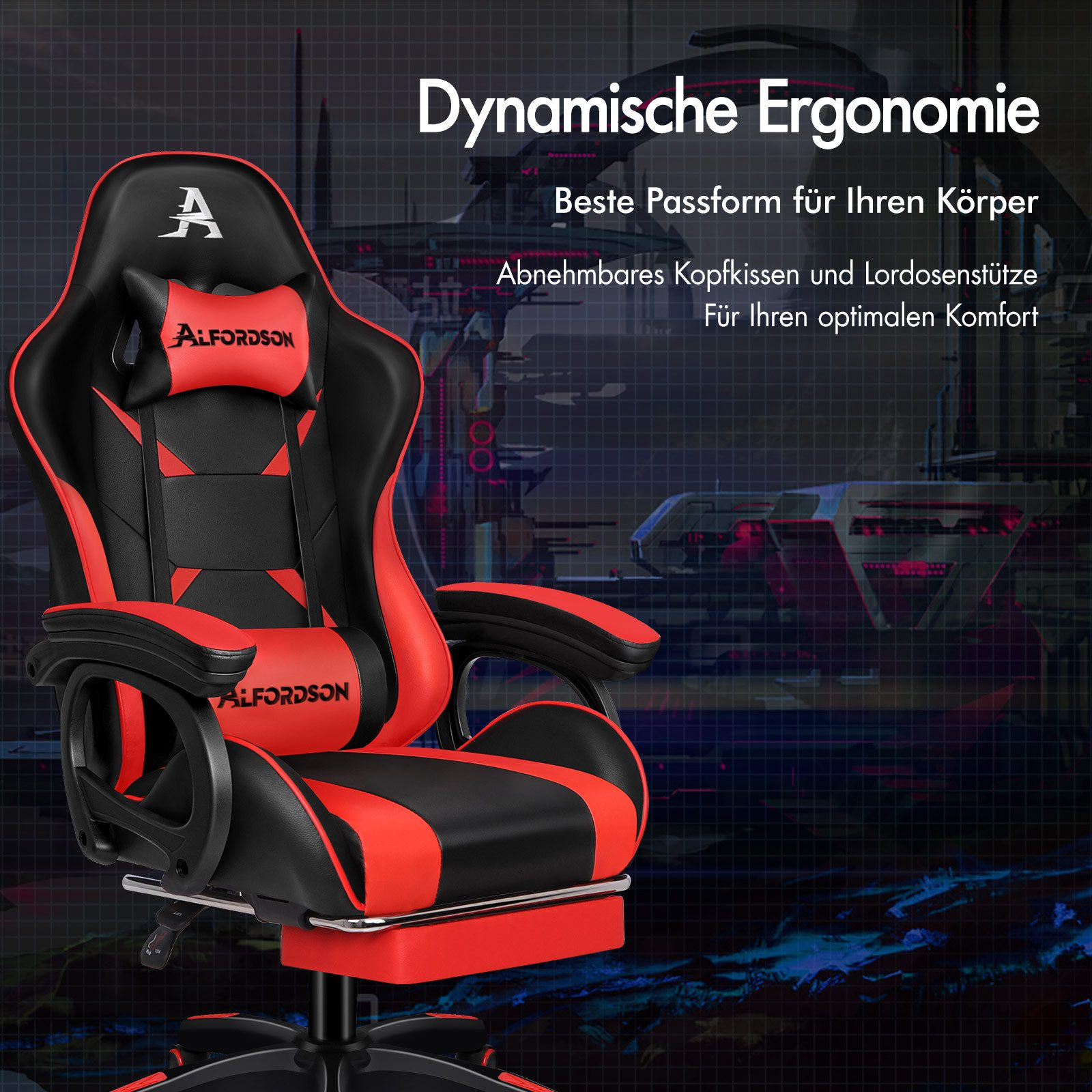 Una silla gamer roja y negra con el texto "ALFORDSON". El fondo muestra un diseño futurista.
