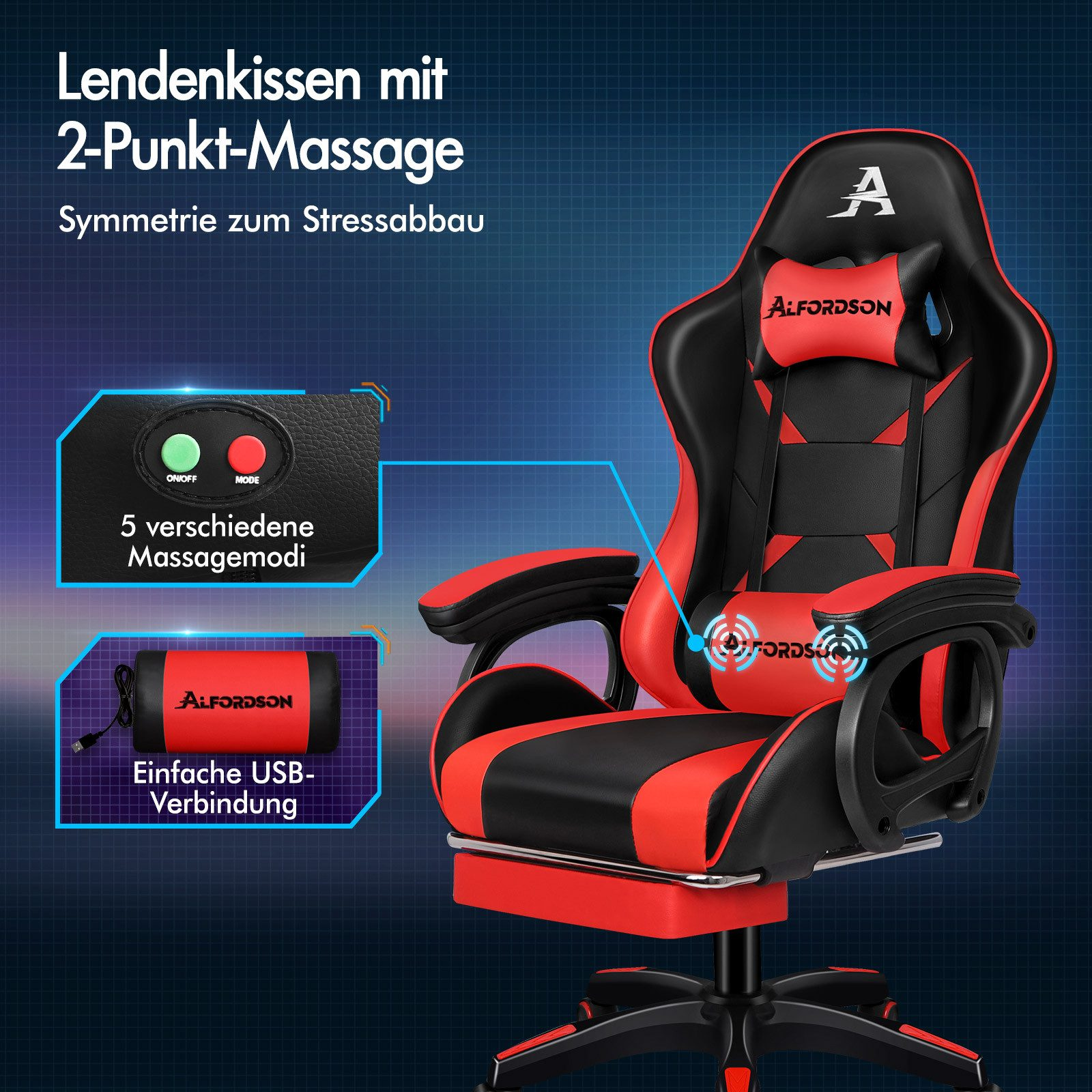 Silla gaming roja y negra con masaje y conexión USB. Incluye almohada y panel de control.