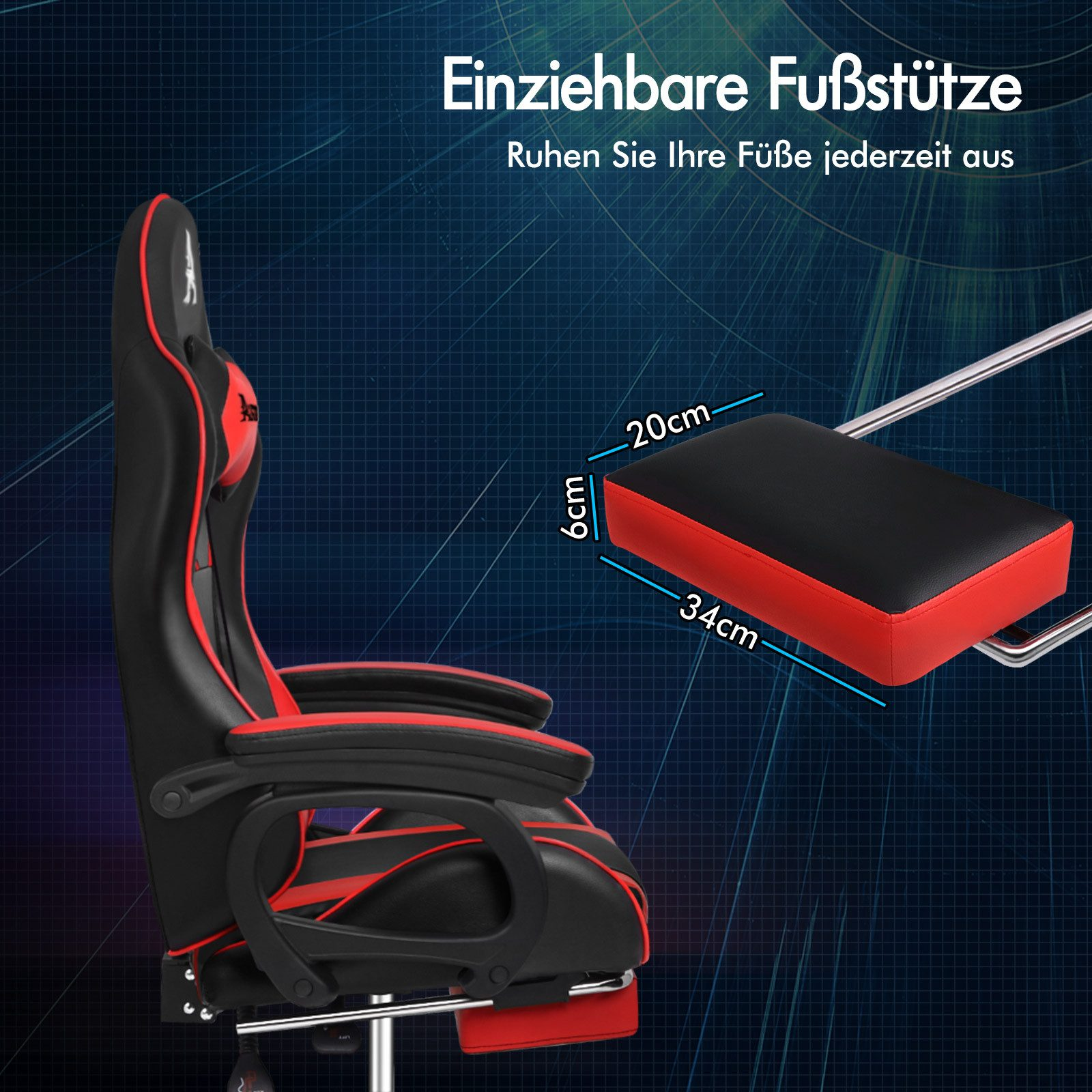 Gaming-Stuhl mit schwarz-rotem Design und Fußstütze. Abmessungen werden mit Beschriftungen angezeigt.