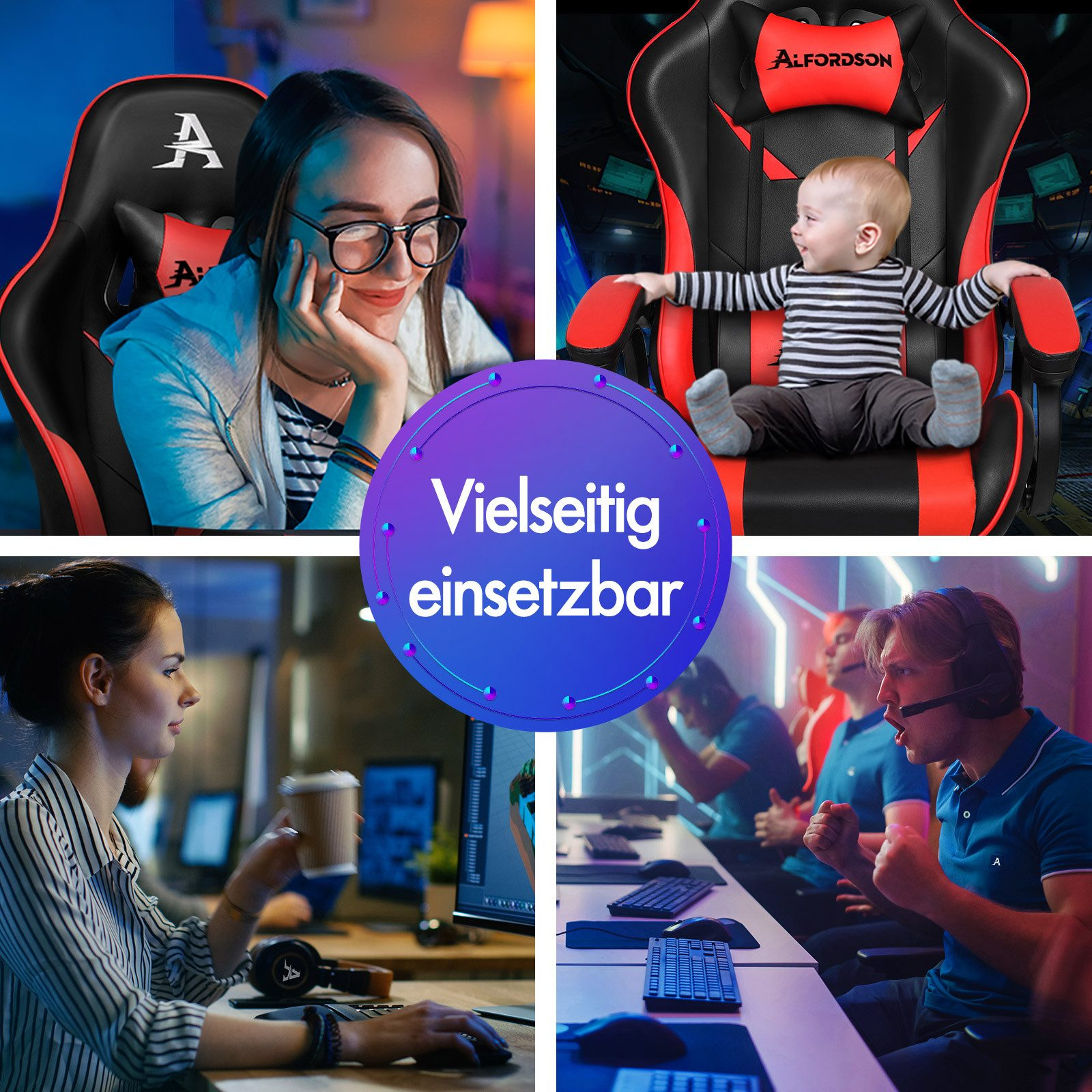Cuatro imágenes que muestran a personas usando sillas gaming, incluyendo un bebé y otros trabajando. Las sillas son negras y rojas.