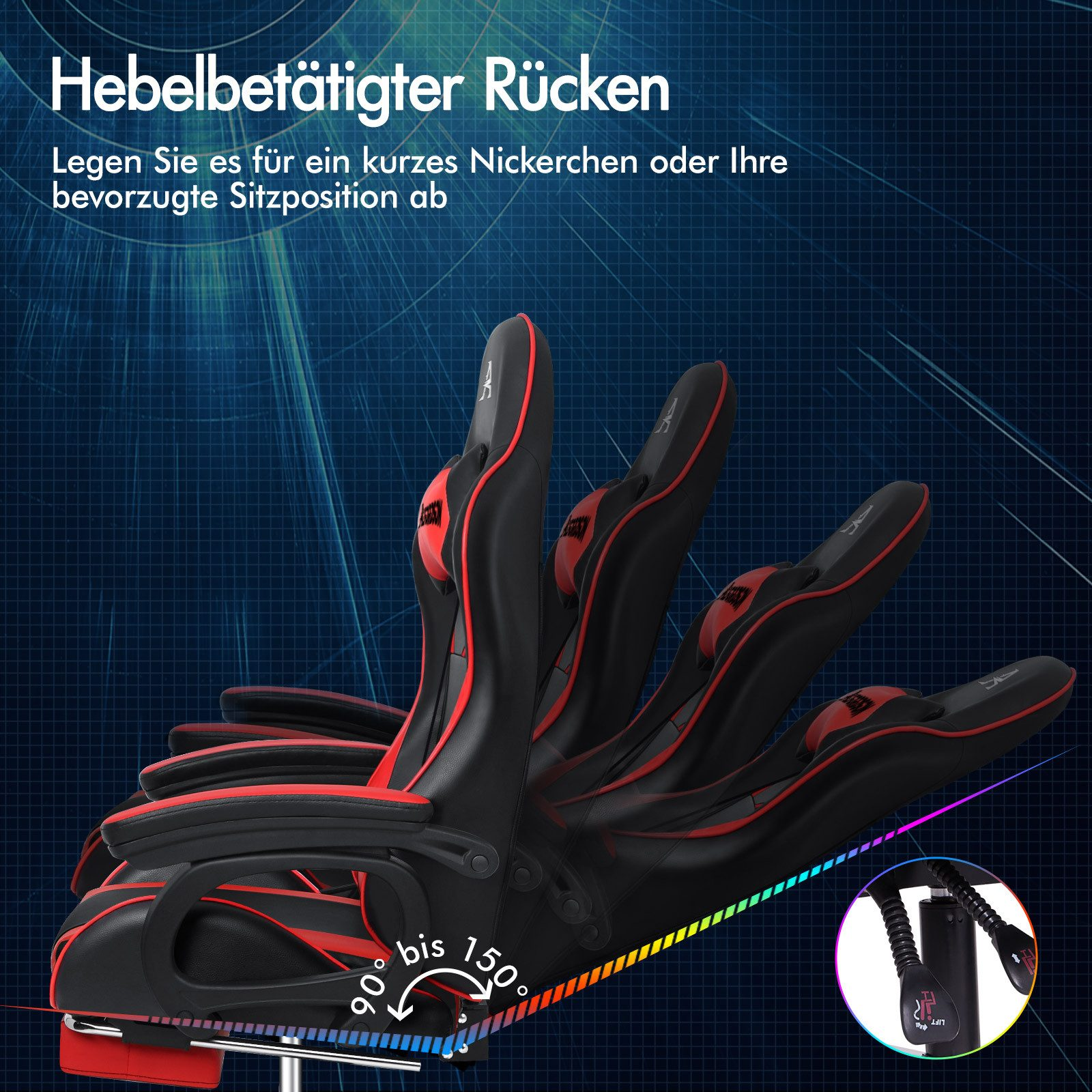 Silla gaming negra y roja con respaldo ajustable, mostrando rango de ángulo de 90 a 150 grados.