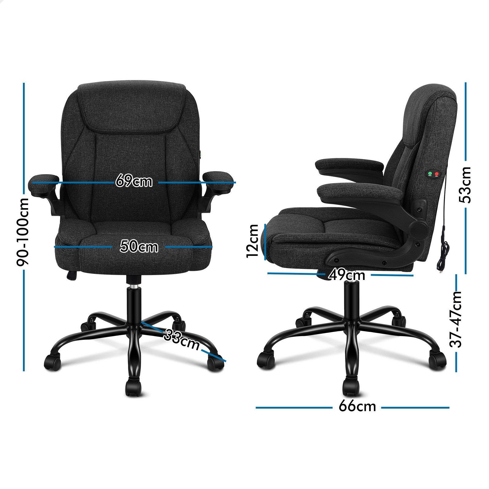 Una silla de oficina negra con medidas etiquetadas. La silla tiene reposabrazos, respaldo, asiento y base con ruedas.