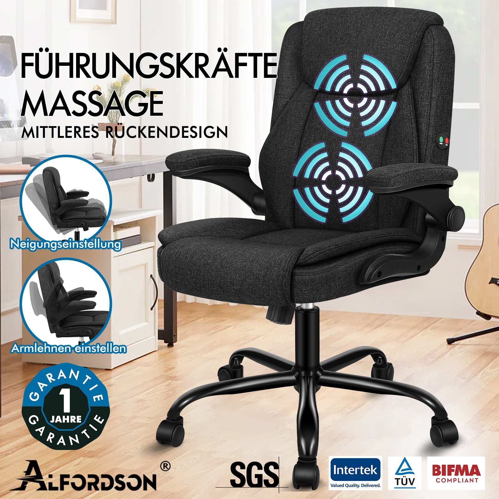 Una silla de oficina negra con función de masaje. Tiene reposabrazos y respaldo ajustables. Logos y texto son visibles.