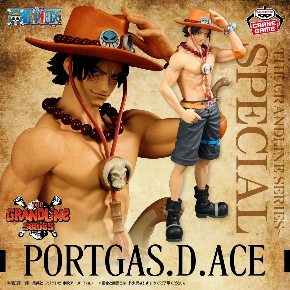 Figura di Portgas D. Ace con cappello, collana e pantaloncini. La figura è abbronzata, muscolosa e in posa dinamica.