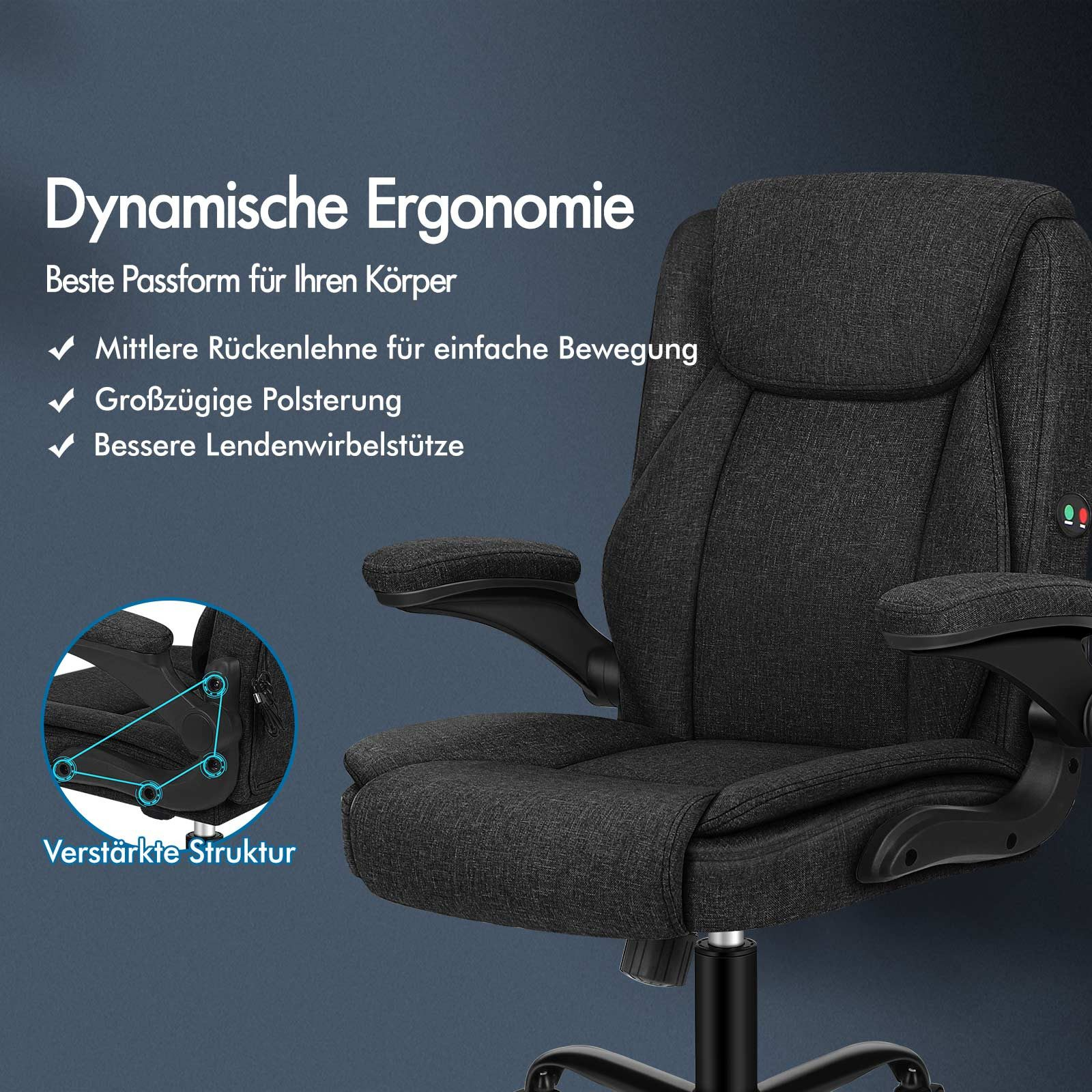 Una silla de oficina ergonómica gris oscuro con reposacabezas y reposabrazos, sobre un fondo azul degradado.