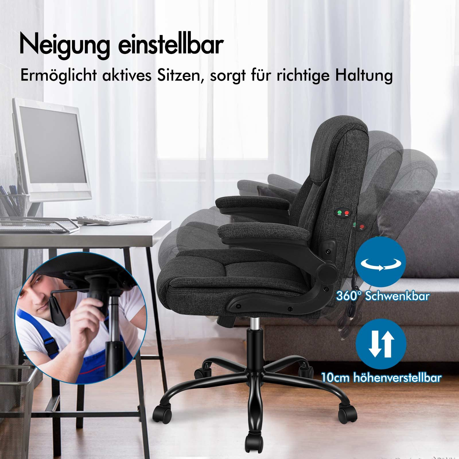 Silla de oficina con respaldo ajustable. Un hombre trabaja en la silla. El texto muestra giro de 360° y ajuste de altura de 10 cm.