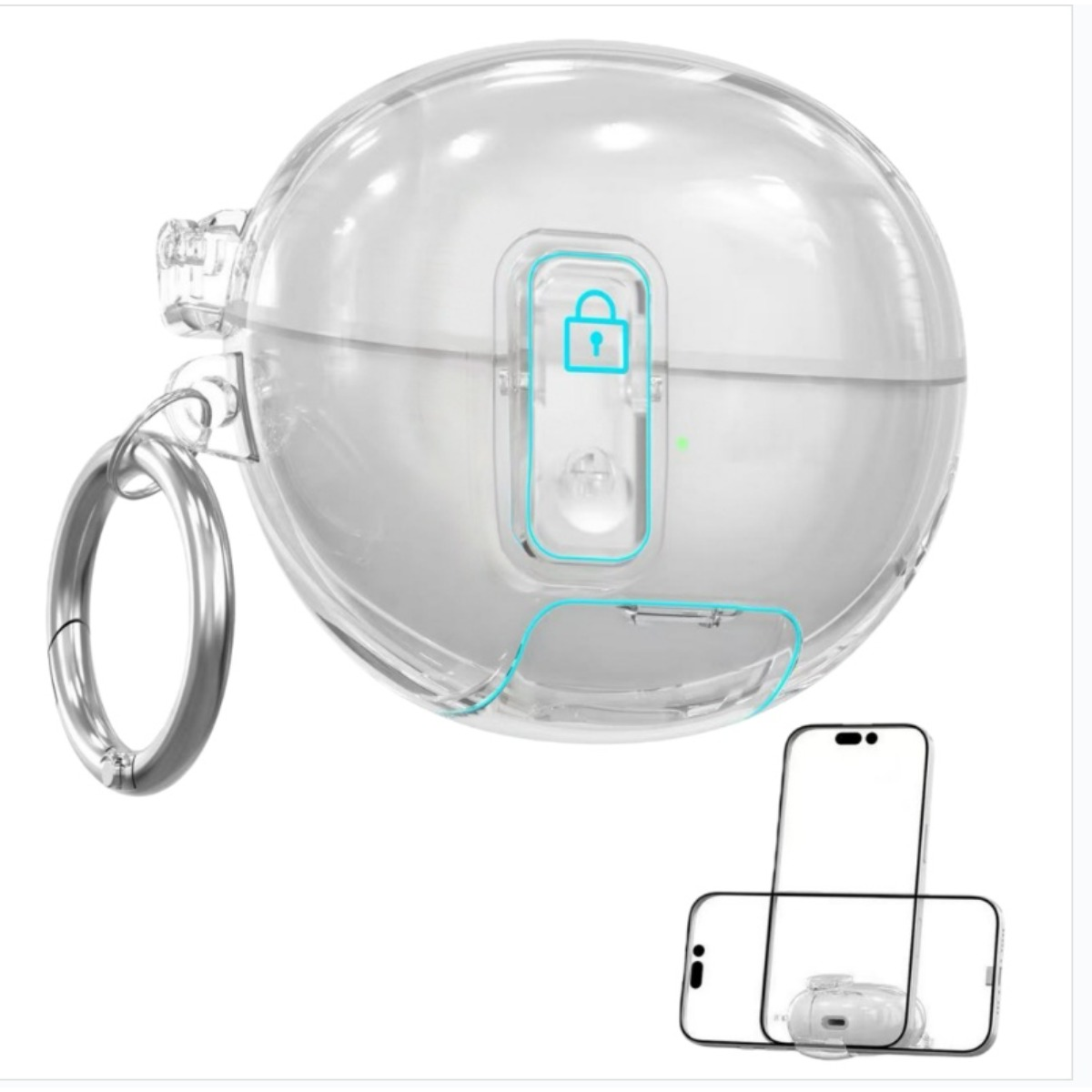 Transparente, kugelförmige Schutzhülle mit Verriegelungsmechanismus und Metallring. Darunter liegen ein Smartphone und eine Displayschutzfolie.