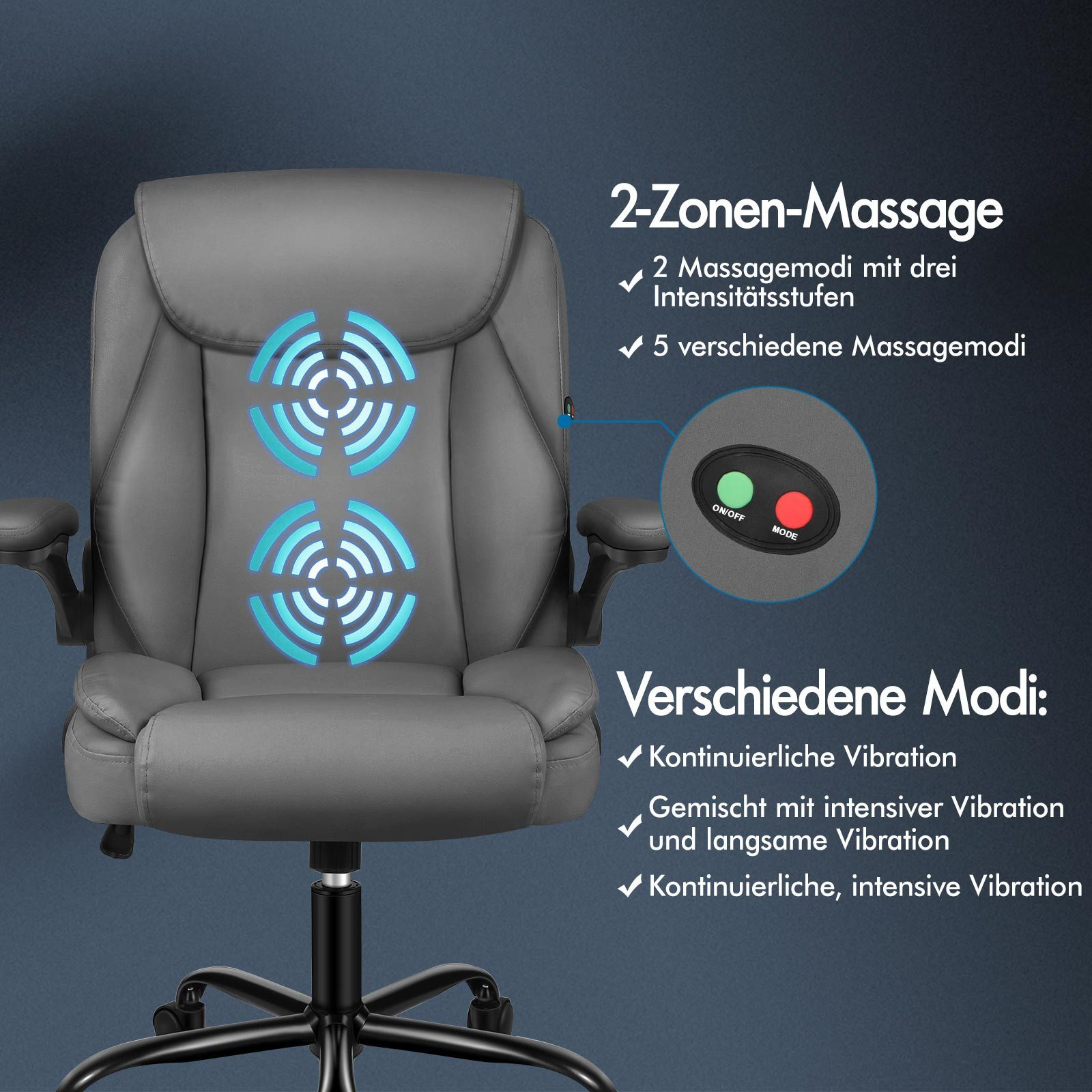 Grauer Massagestuhl mit leuchtend blauen Zonen. Text beschreibt Massagemodi und Intensitäten.