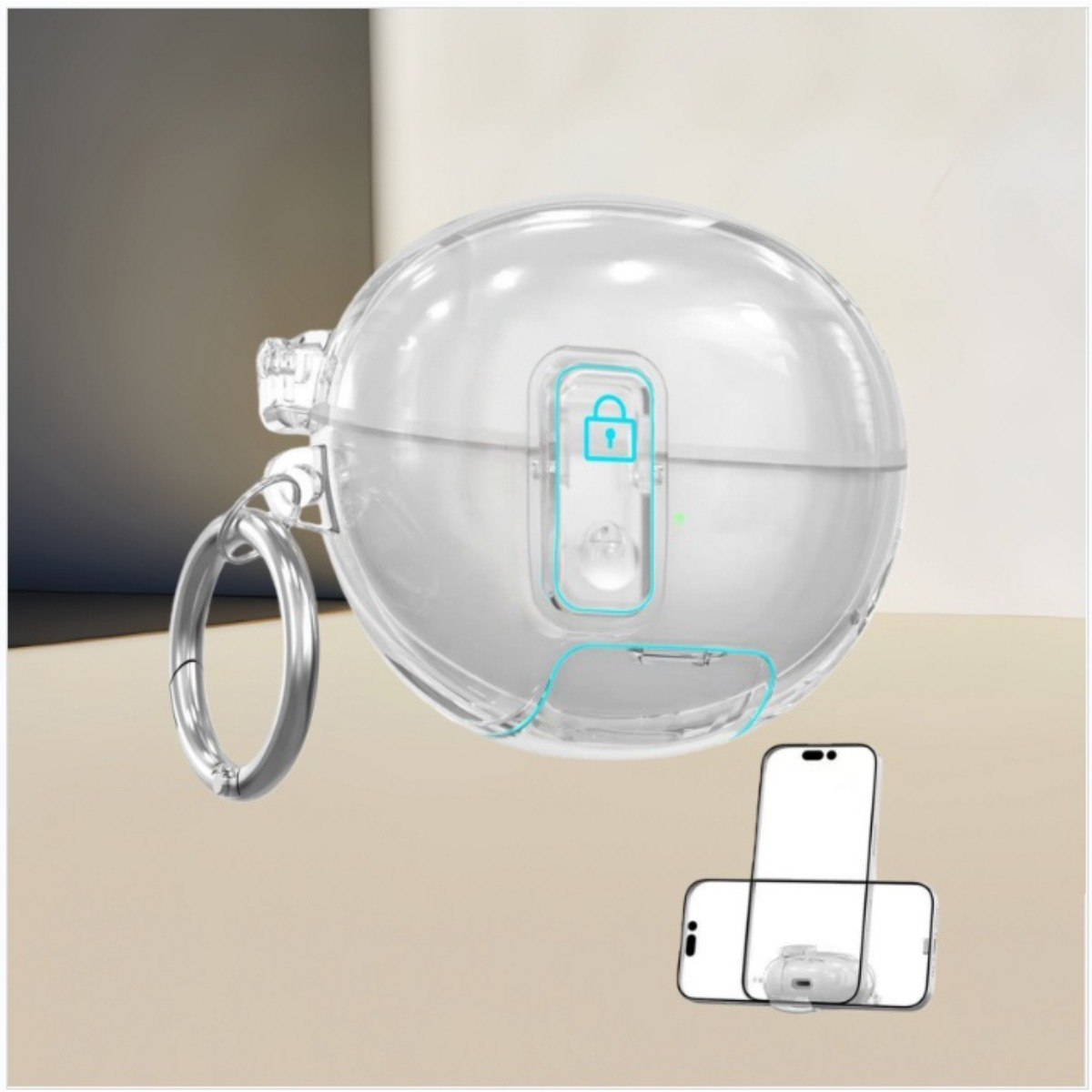 Eine klare, runde Hülle mit einem silbernen Ring und einem Telefon. Die Hülle hat ein Schloss-Symbol und ein transparentes Design.