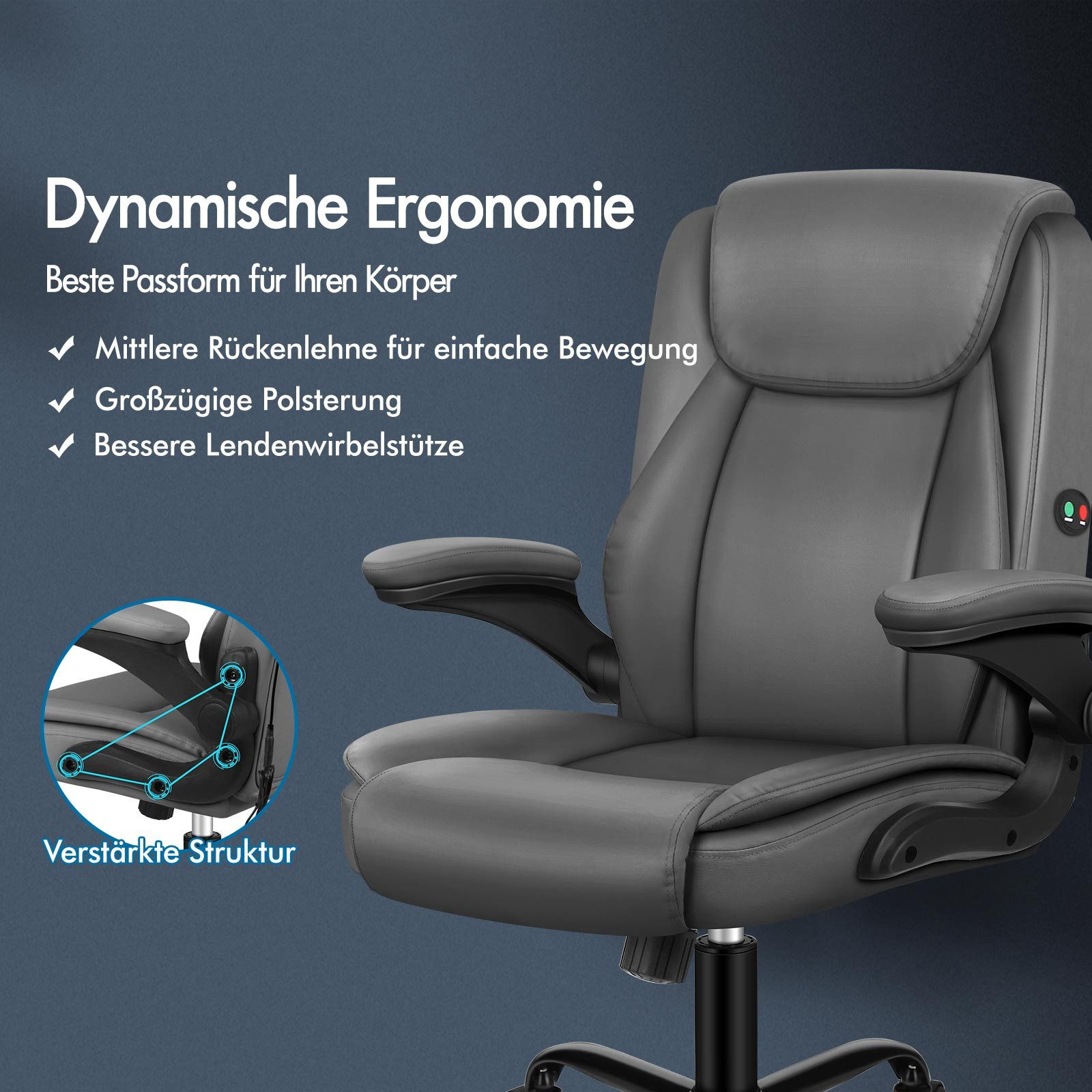 Ein grauer ergonomischer Bürostuhl. Text enthält 'Dynamische Ergonomie' und 'Verstärkte Struktur'.