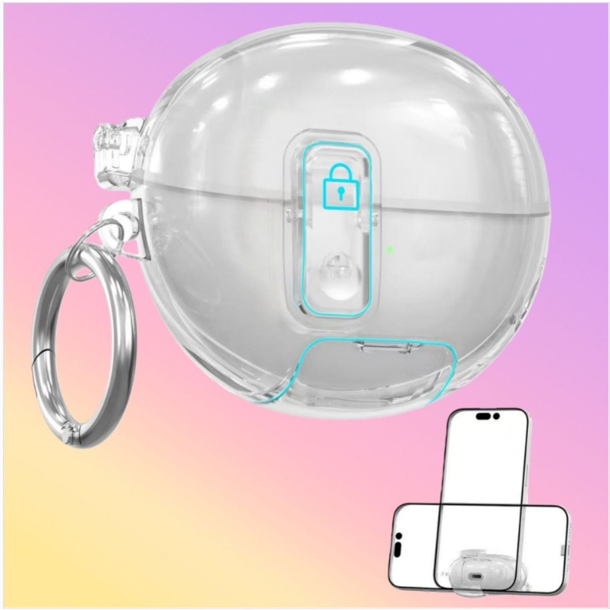 Transparente, runde Hülle mit silbernem Ring. Ein Vorhängeschloss-Symbol ist sichtbar. Zwei Telefone sind unten abgebildet.
