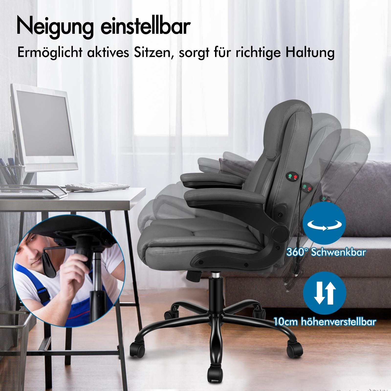 Grauer Bürostuhl mit verstellbaren Funktionen. Mann montiert den Stuhl. Text auf dem Bild.