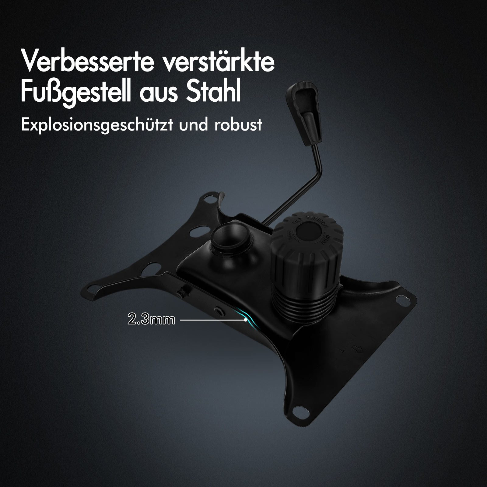 Schwarzes Metall-Stuhlgestell mit zentralem Mechanismus, Hebel und Text '2,3 mm'.