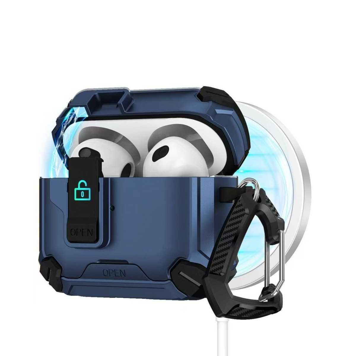 Blaue AirPods-Hülle mit schwarzen Akzenten, offen, um weiße Ohrhörer zu zeigen. Ein schwarzer Karabiner ist befestigt. Leuchtendes Licht im Hintergrund.