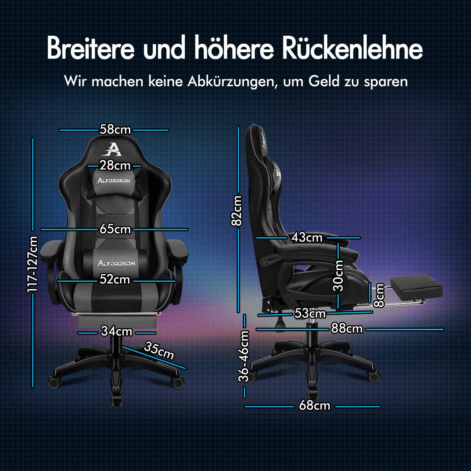 Gaming-Stuhl mit Maßen, schwarz und grau, mit Fußstütze. Text auf Deutsch: Breitere und höhere Rückenlehne.