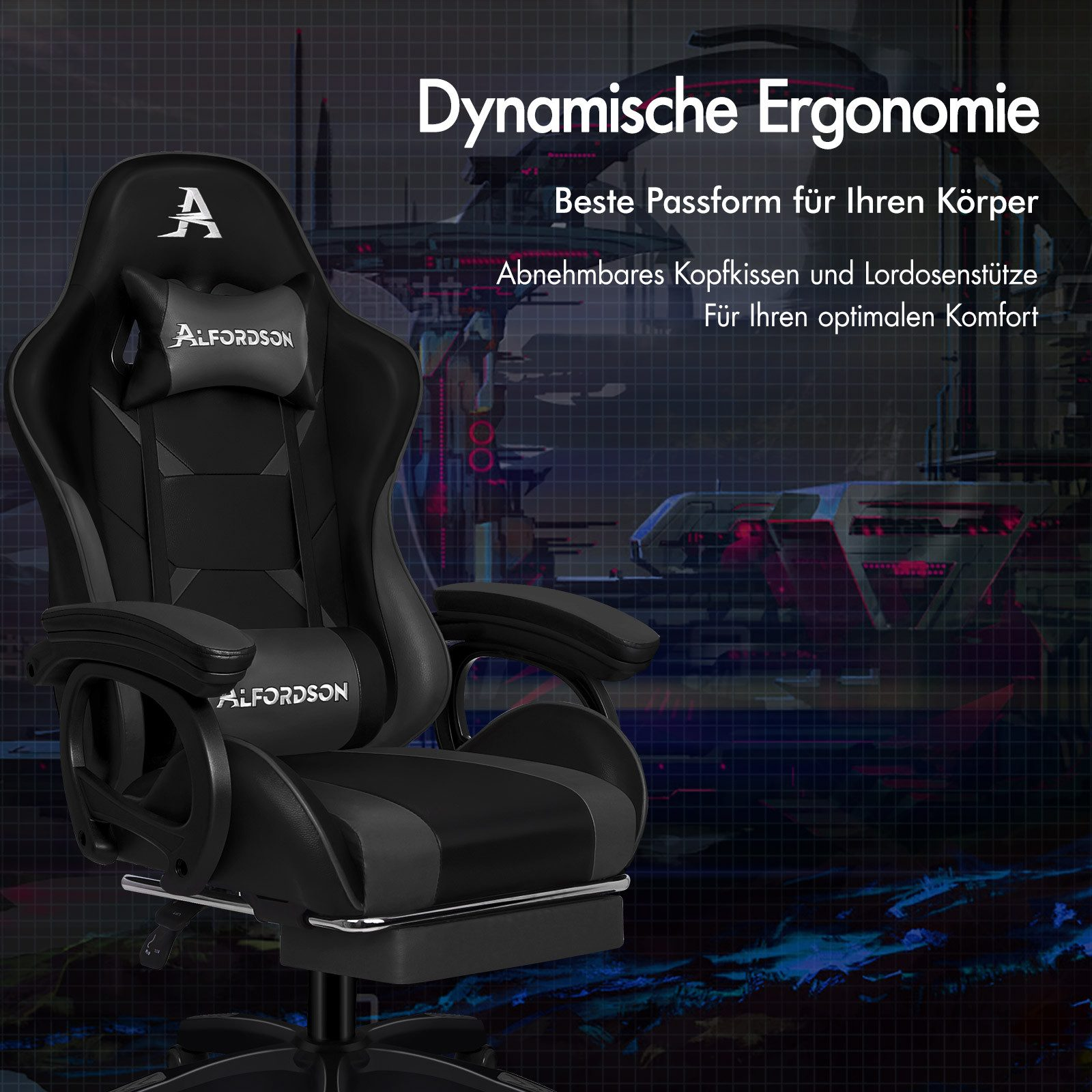 Schwarzer und grauer ergonomischer Gaming-Stuhl. Er hat eine Kopfstütze mit Markenlogo und eine Fußstütze.