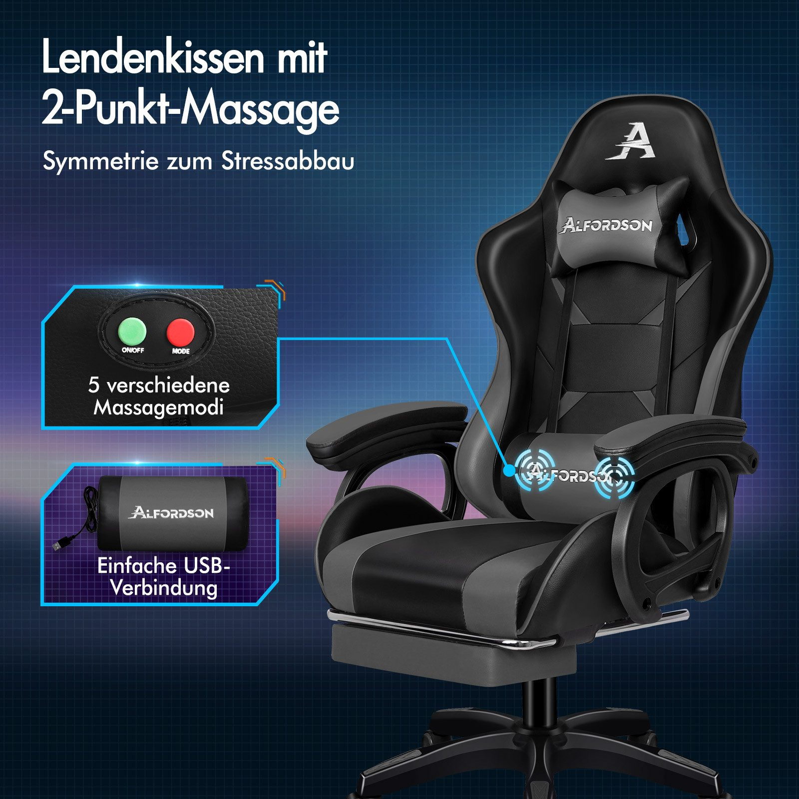 Ein schwarz-grauer ergonomischer Massagestuhl mit Kopf- und Lendenwirbelstütze, mit USB-Anschluss und Massagemodi.