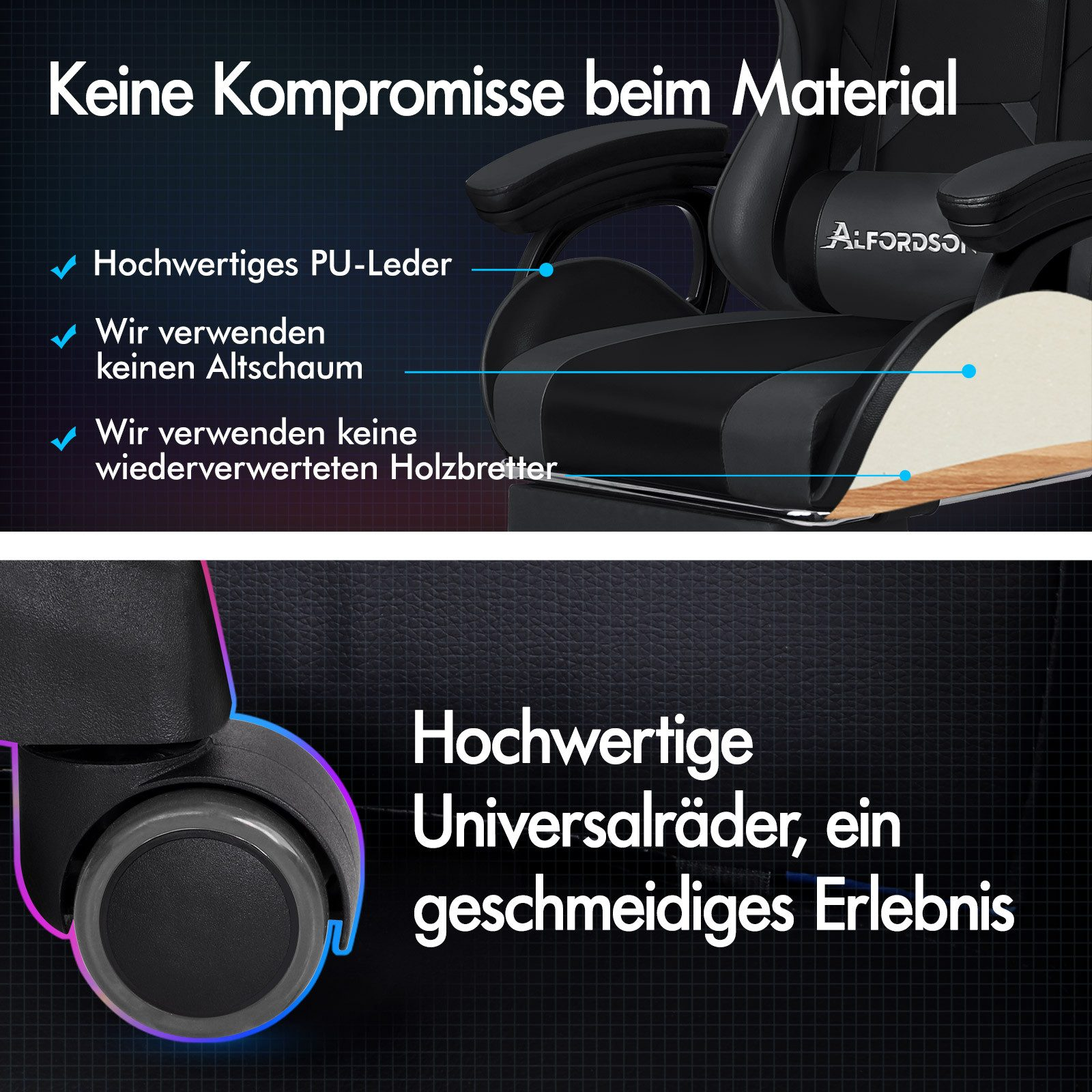Detail des Gaming-Stuhls. Schwarzer Stuhl mit weißem Text. Zeigt PU-Leder, kein recycelter Schaumstoff oder Holz. Universalräder.