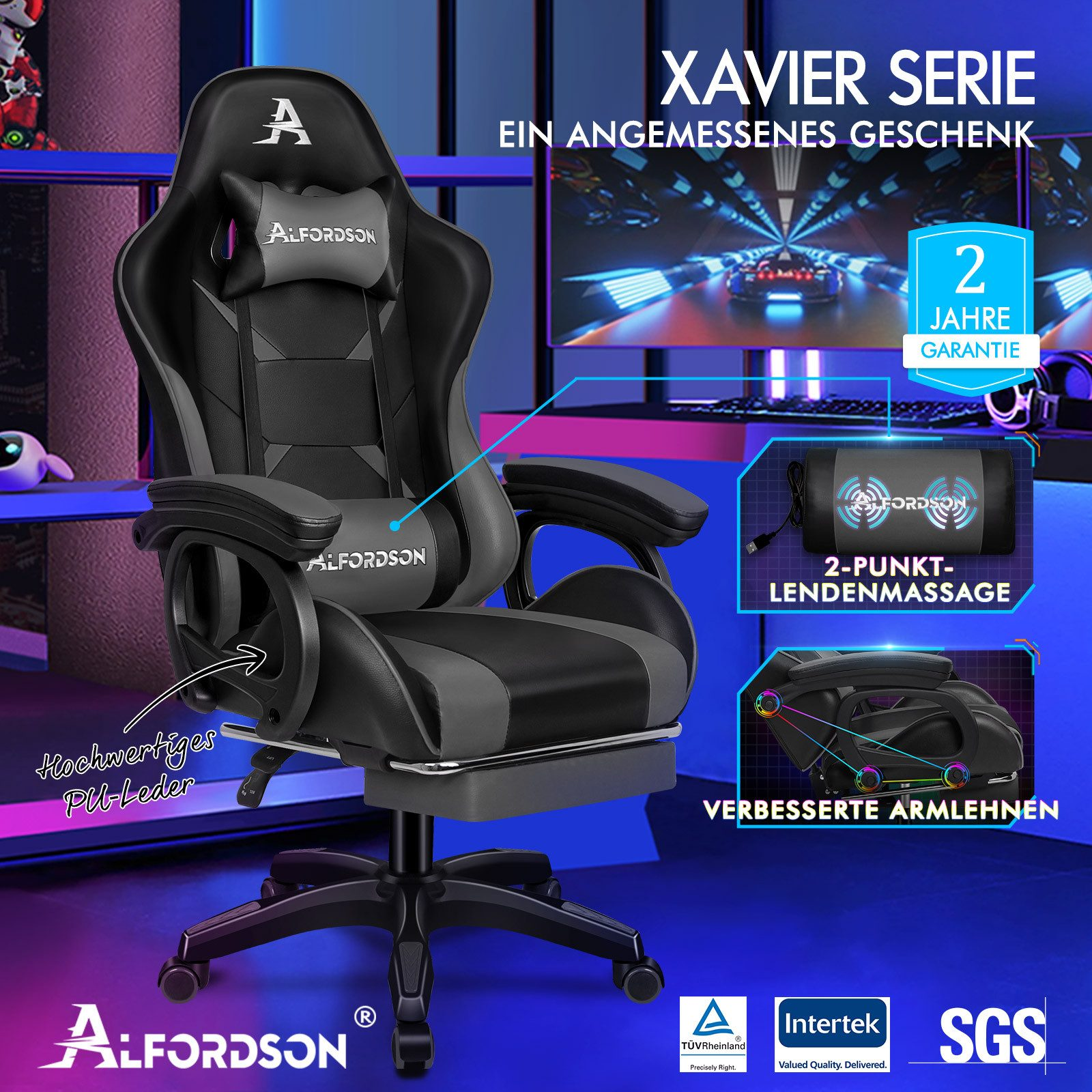 Gaming-Stuhl mit der Marke ALFORDSON. Merkmale sind PU-Leder, Lendenwirbelmassage und verstellbare Armlehnen.