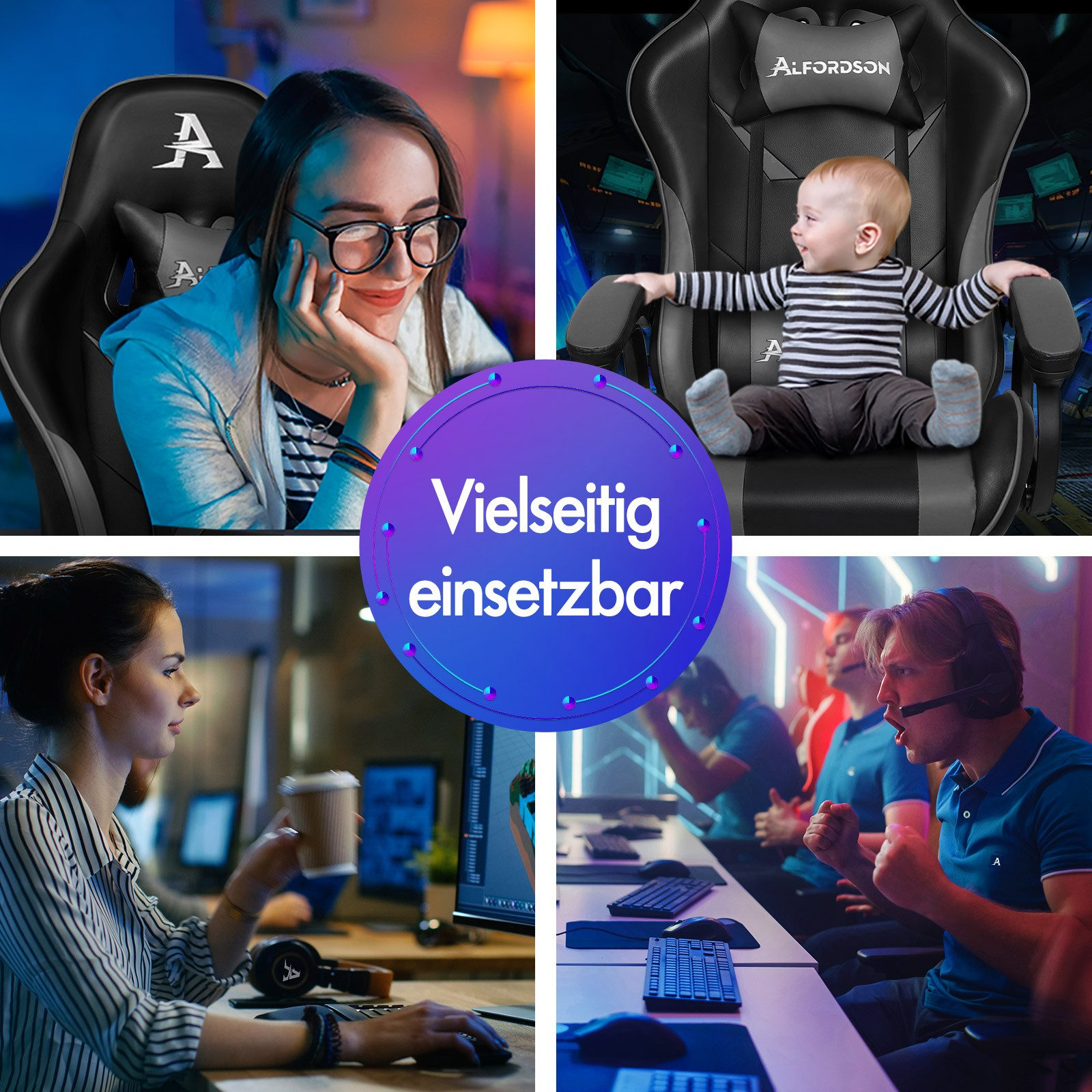 Eine Collage, die Menschen zeigt, die Gaming-Stühle benutzen. Enthält eine Frau, ein Baby, Gamer und eine Person, die am Computer arbeitet.