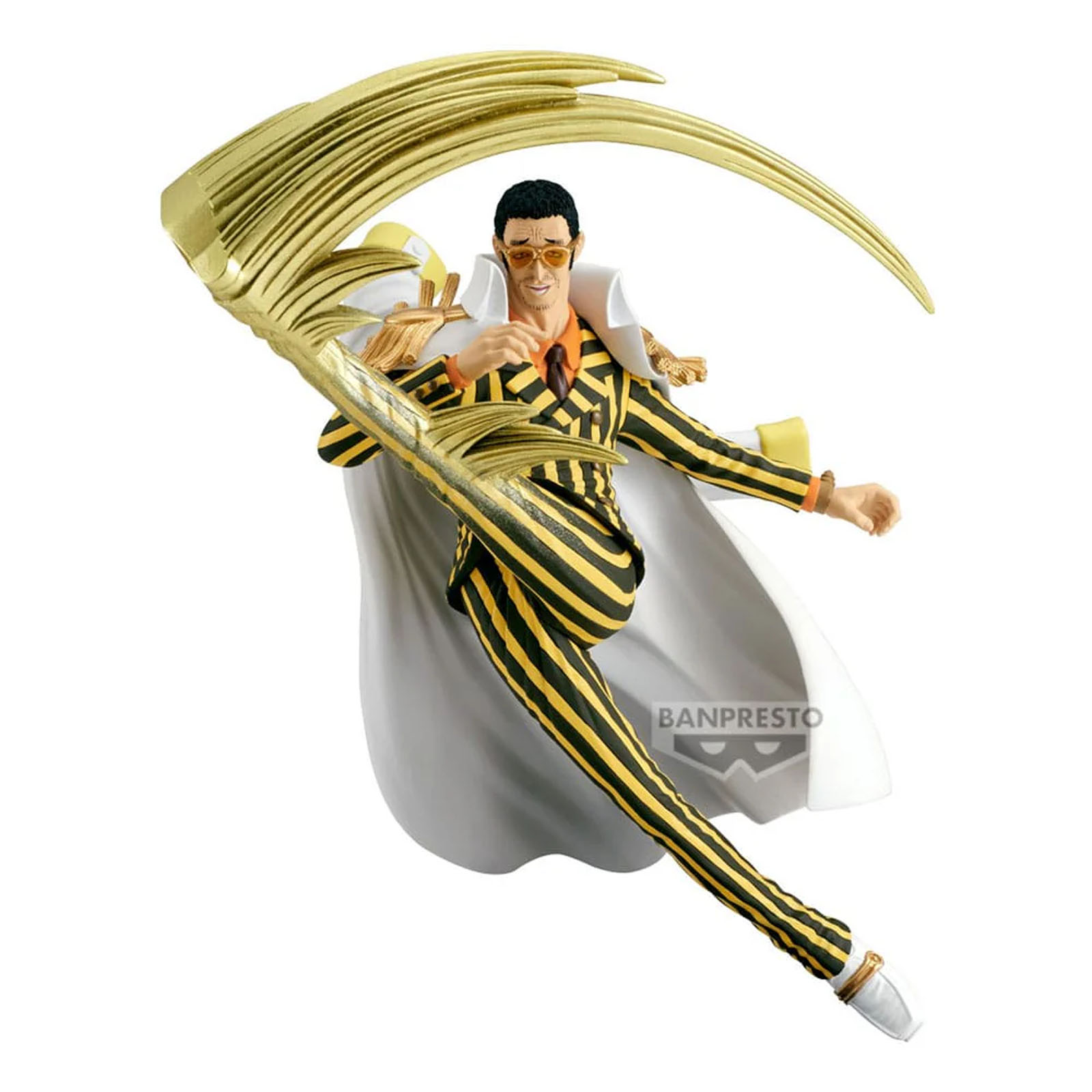 Figur eines Mannes in schwarz-gelb gestreiftem Anzug, weißem Umhang, Sonnenbrille und goldener Waffe.
