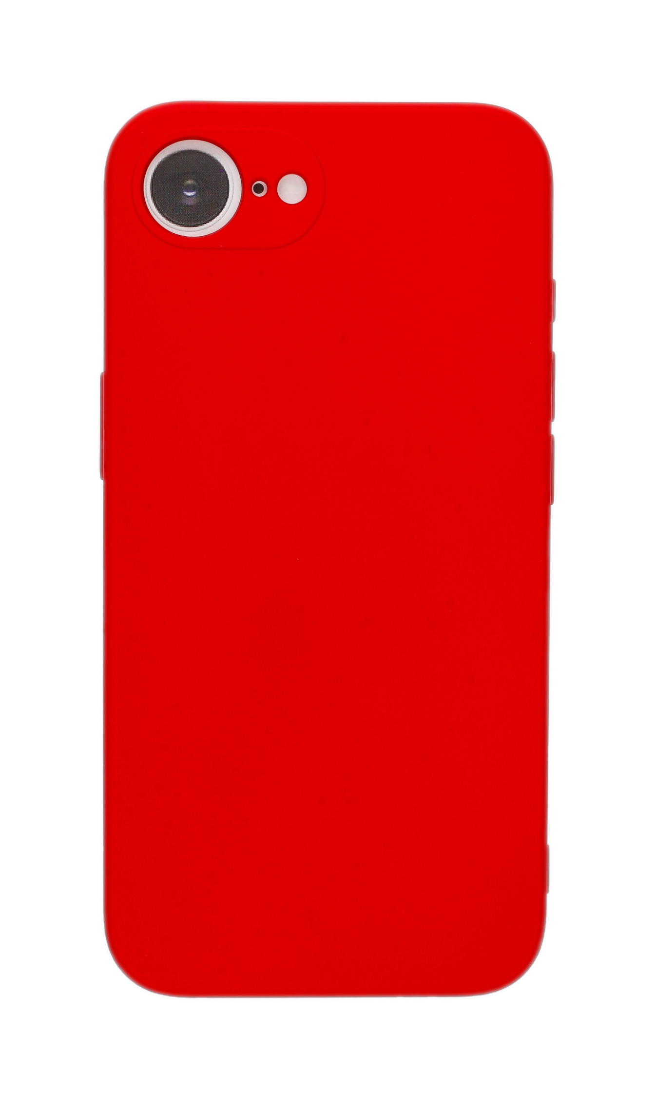 Eine rote Handyhülle mit Kamera und Blitz. Der Hintergrund ist weiß.