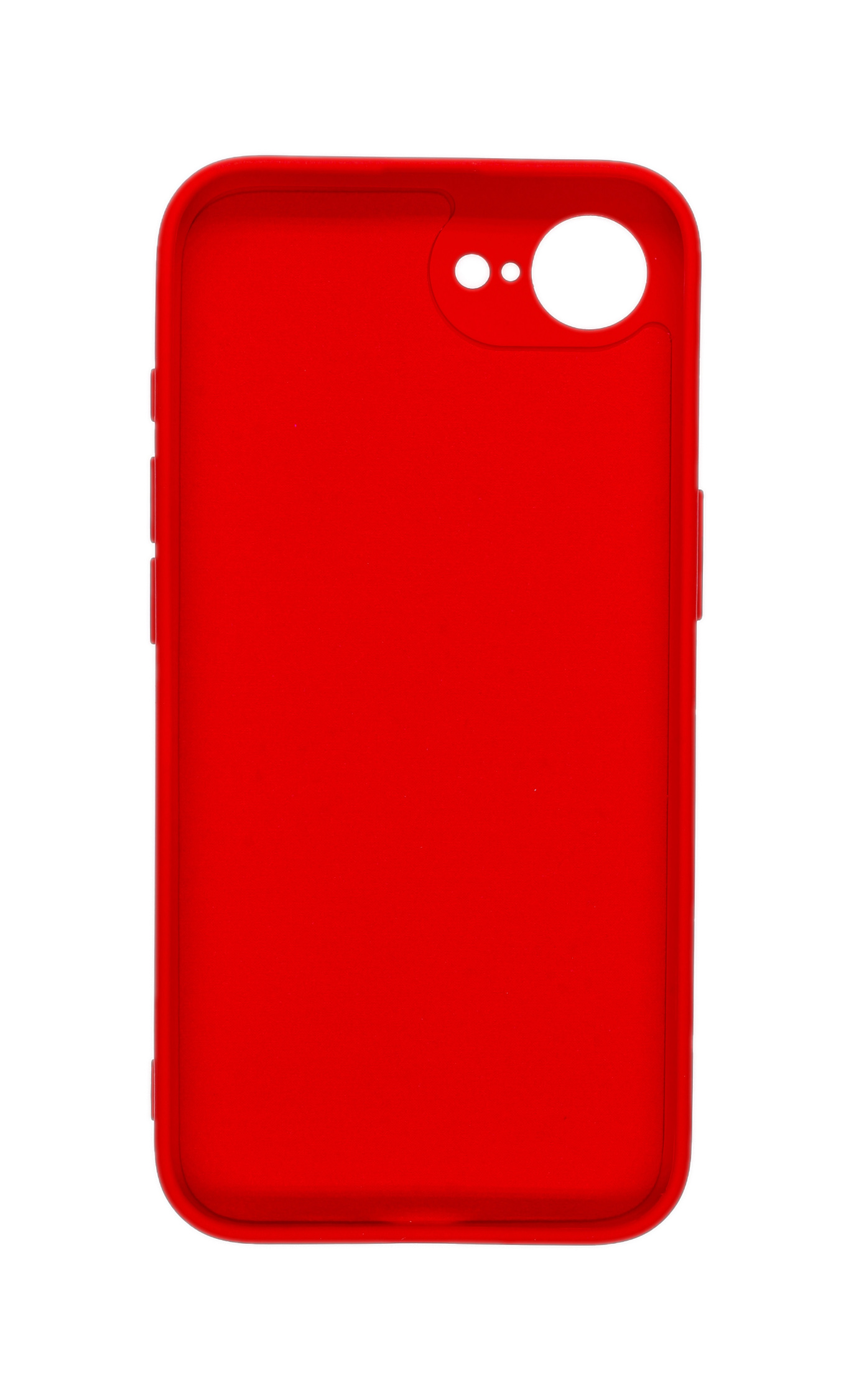 Eine leuchtend rote Handyhülle, wahrscheinlich für ein iPhone, vor weißem Hintergrund. Es hat Kamera- und Knopfausschnitte.