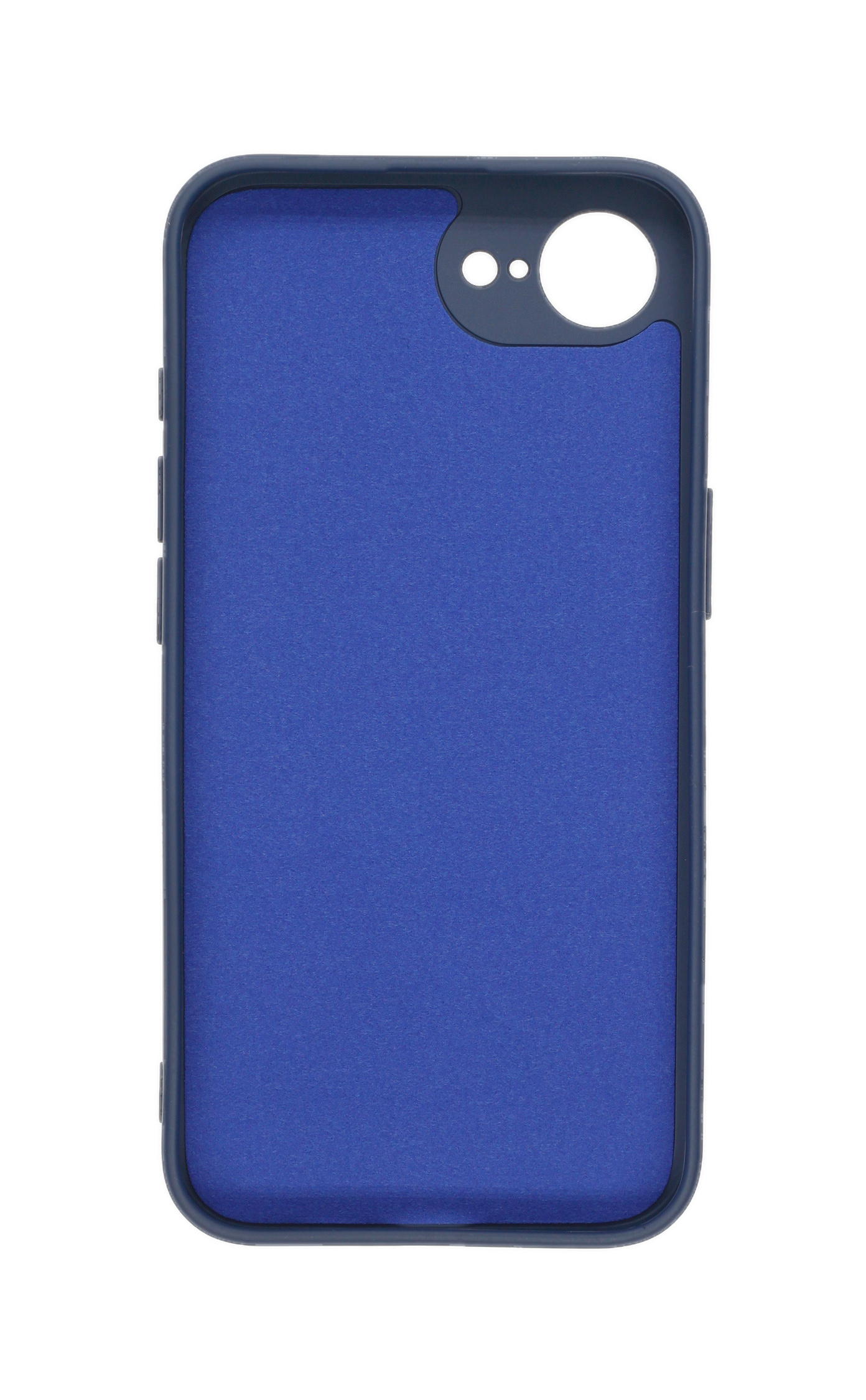 Blaue Handyhülle mit dunkelblauem Rand. Sie hat Öffnungen für Kamera und Knöpfe. Weißer Hintergrund.