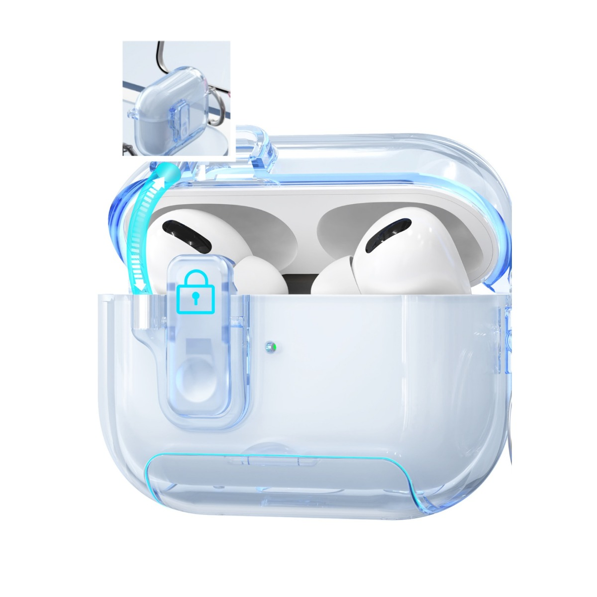 Custodia trasparente con AirPods all'interno. La custodia è aperta, mostrando gli auricolari. Un'immagine più piccola della custodia chiusa è nell'angolo.