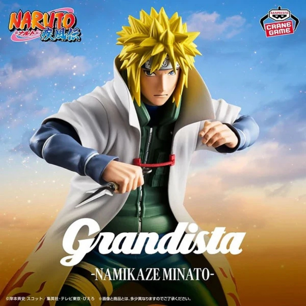 Figur von Minato aus Naruto in Actionpose. Er hat stachelige gelbe Haare und hält ein Kunai. Der Hintergrund zeigt einen Himmel und das Grandista-Logo.