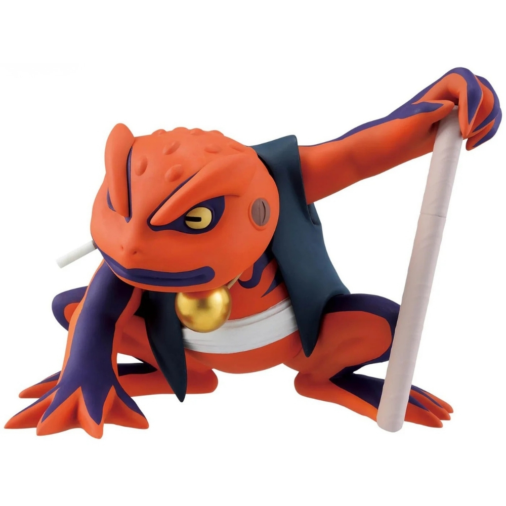 Eine Cartoon-Froschfigur in Orange und Lila, mit einer dunkelblauen Weste, die einen weißen Stab hält und eine Zigarette raucht. Eine goldene Glocke hängt.