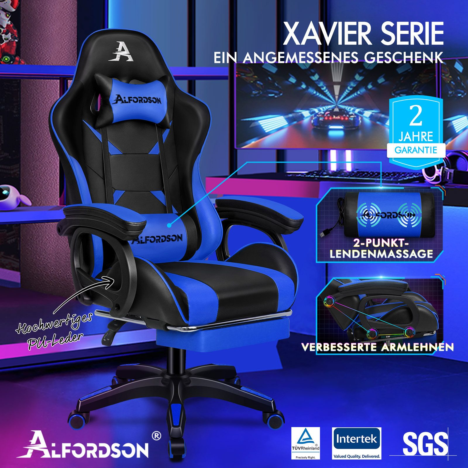 Gaming-Stuhl in Schwarz und Blau mit Lendenwirbelstütze, Armlehnen und dem Markennamen Alfordson.