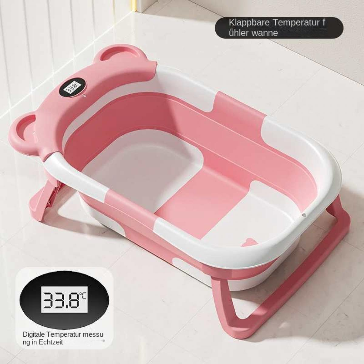 Ein rosa-weißes Babybad mit Temperaturanzeige, die 33,8 Grad Celsius anzeigt. Die Wanne ist faltbar und hat bärenförmige Ohren.