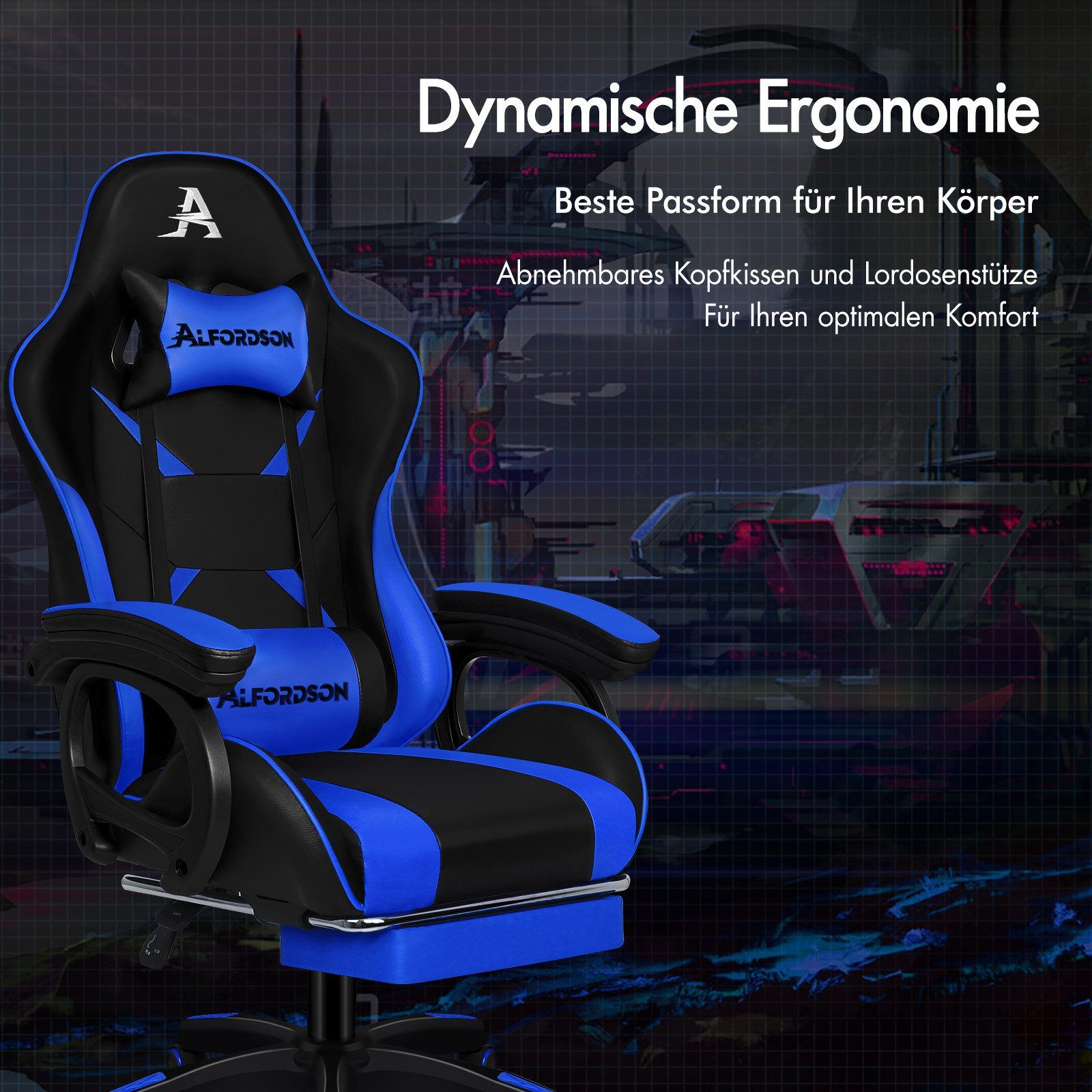 Ein blau-schwarzer Gaming-Stuhl mit dem Text "ALFORDSON". Der Hintergrund zeigt ein futuristisches Design.