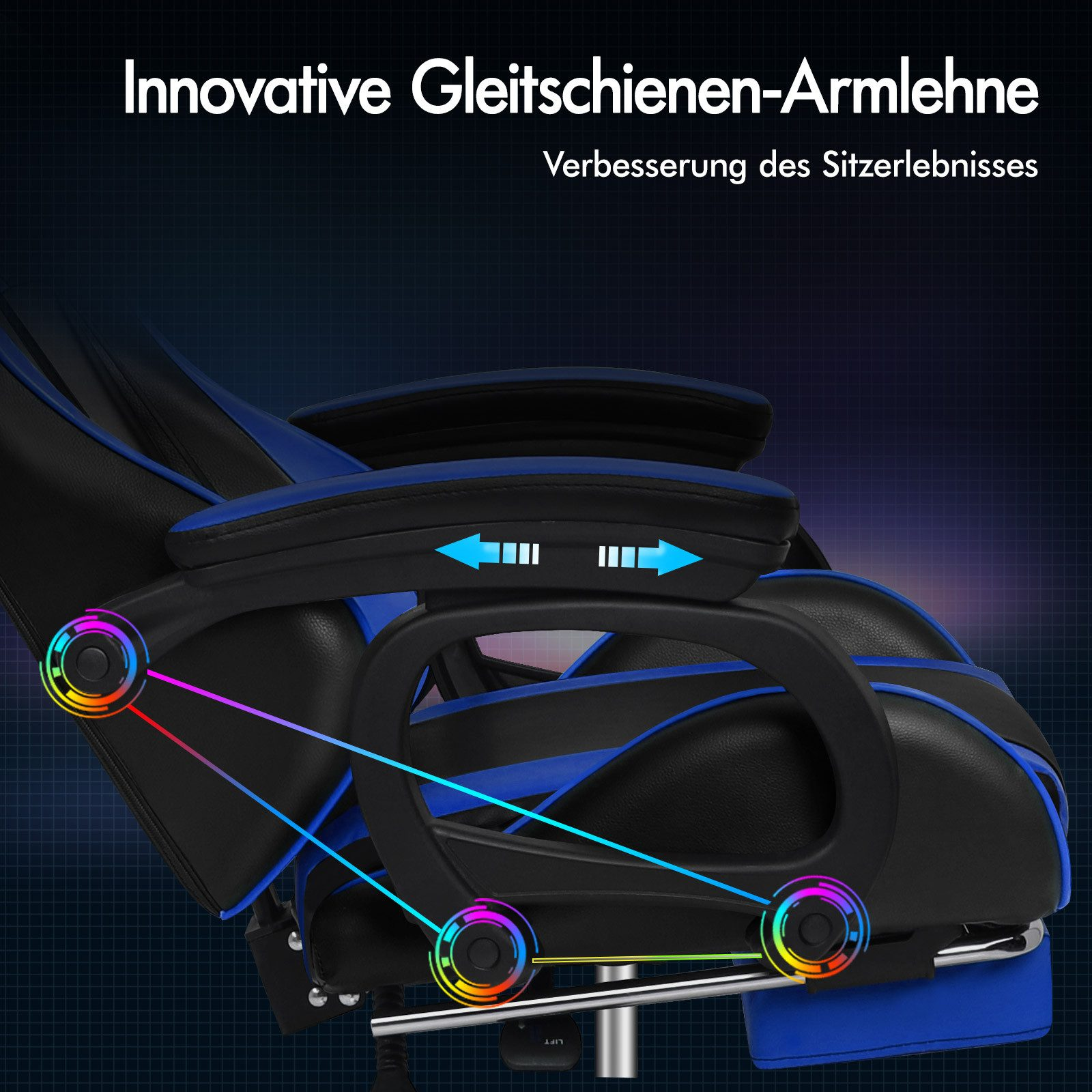 Gaming-Stuhl mit blauen und schwarzen Akzenten. Pfeile zeigen verstellbare Armlehnen. Text lautet 'Innovative Gleitschienen-Armlehne'.