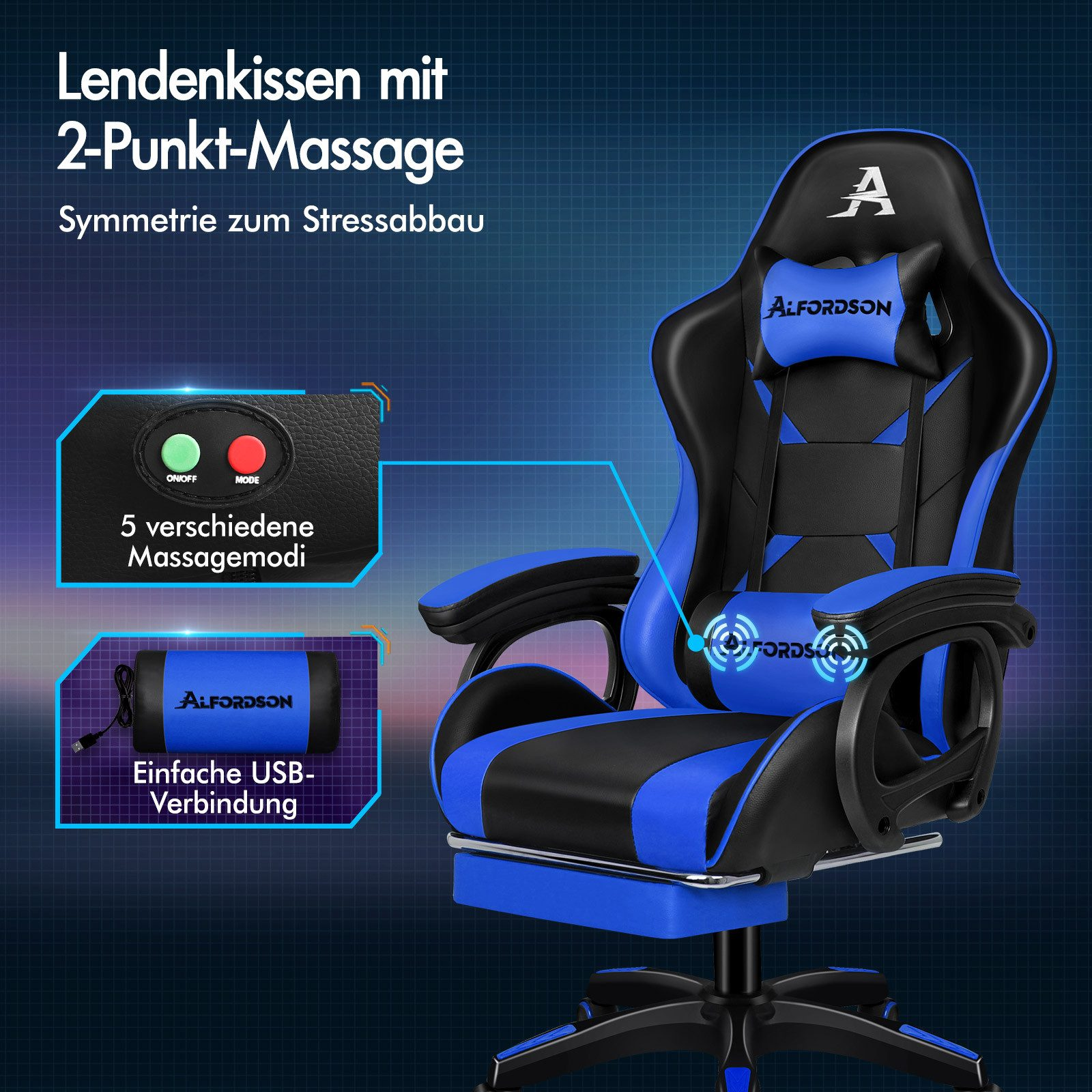 Ein blau-schwarzer Gaming-Stuhl mit Kopf- und Lendenwirbelstütze sowie einem Bedienfeld für die Massagefunktion.