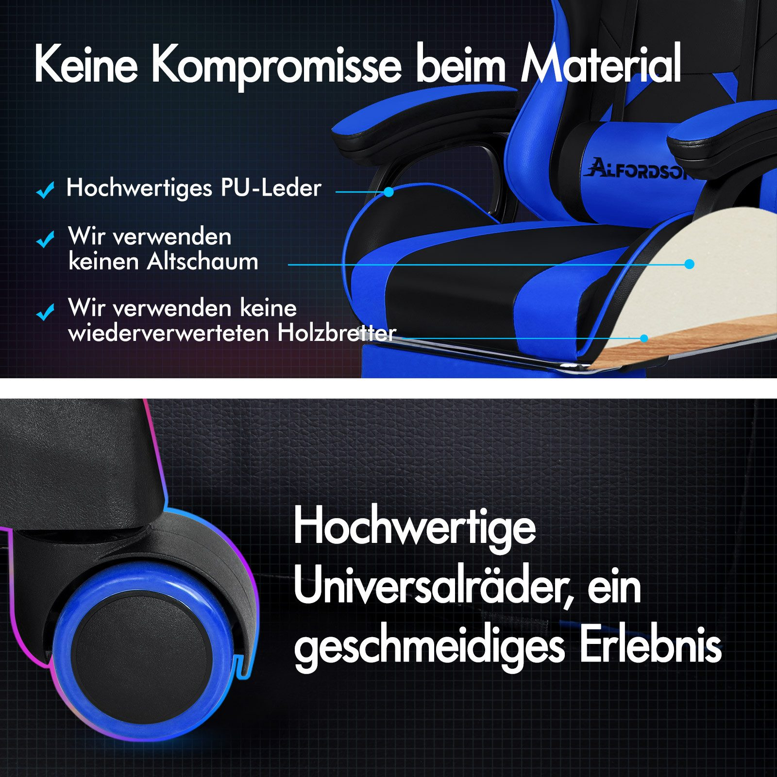 Blauer und schwarzer Gaming-Stuhl mit Text über Materialien. Beinhaltet hochwertiges PU-Leder, keinen alten Schaumstoff und neues Holz.