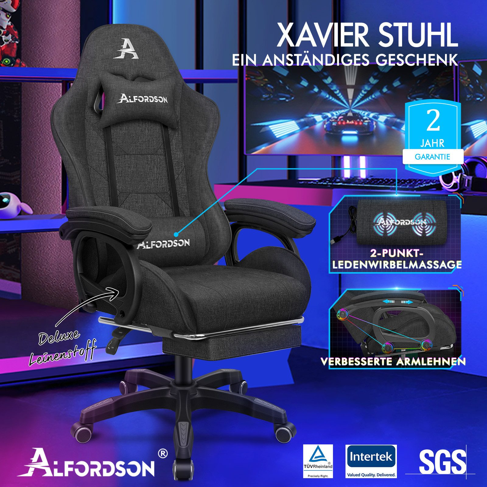 Una silla gamer gris oscura con la marca 'Alfordson'. Detalles incluyen reposacabezas, reposabrazos y reposapiés. El texto menciona 'Xavier Stuhl'.