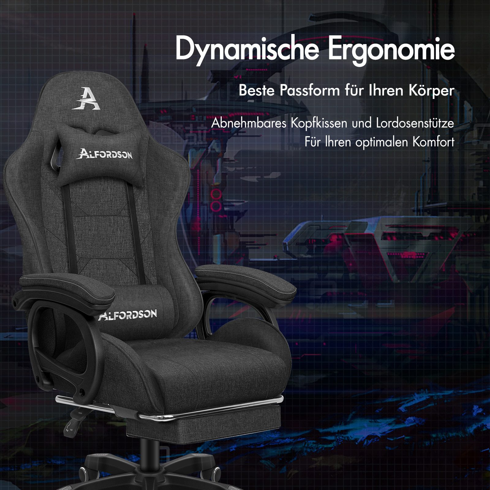 Una silla de juego ergonómica gris oscuro con la marca ALFORDSON. Incluye reposacabezas, reposabrazos y reposapiés. El fondo es futurista.