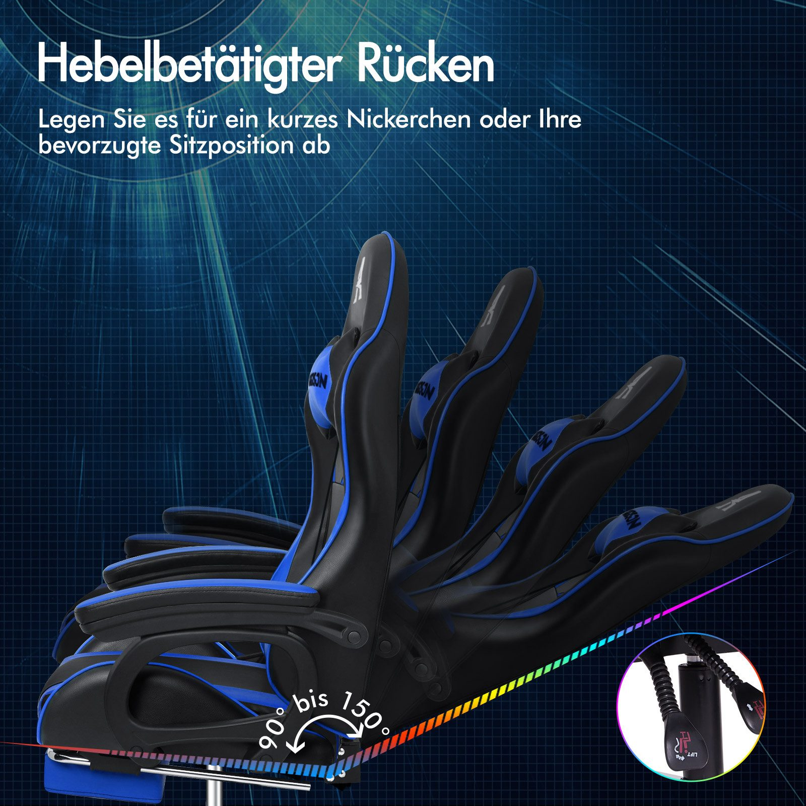 Schwarzer und blauer Gaming-Stuhl mit verstellbarer Rückenlehne. Er zeigt den Neigungswinkel von 90 bis 150 Grad.