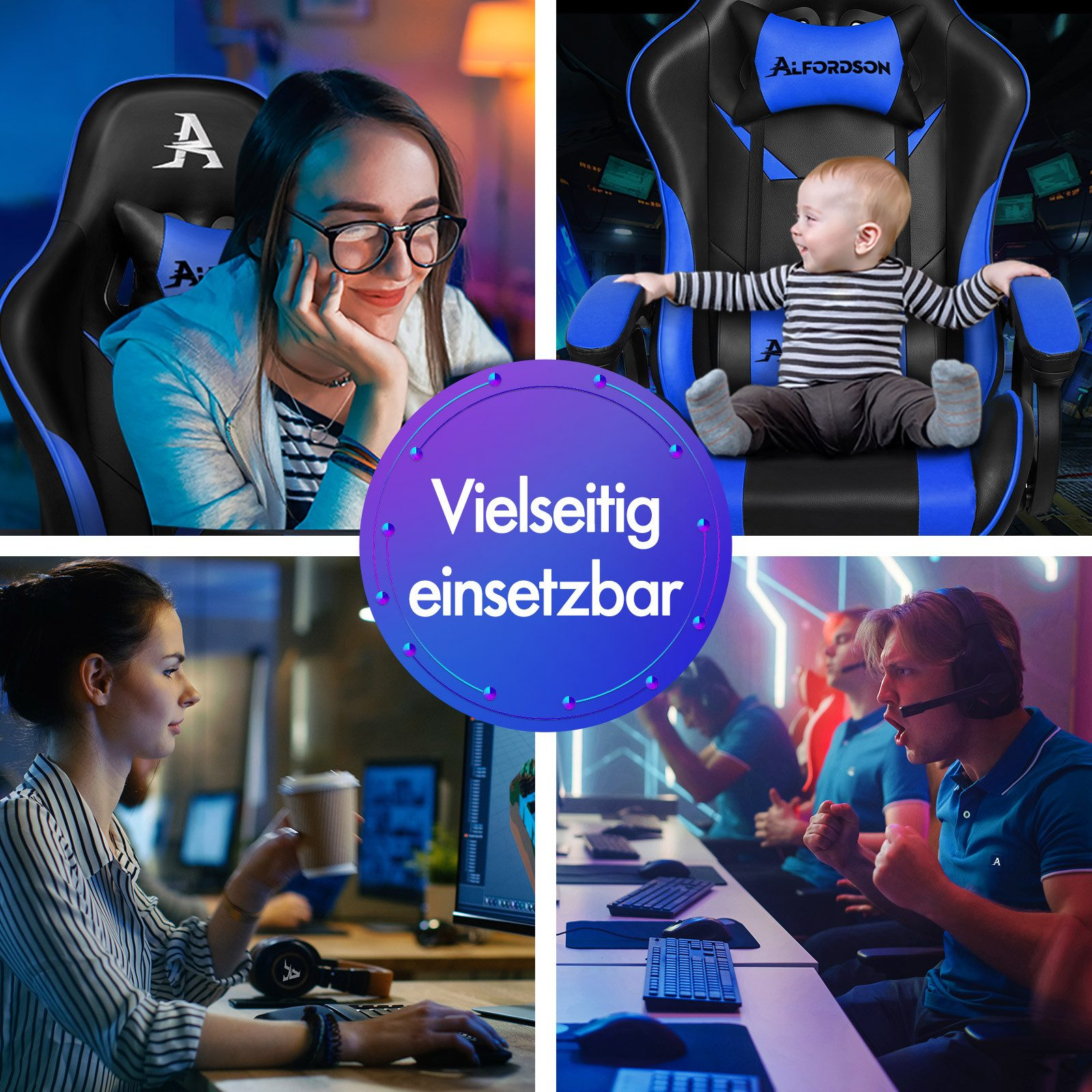 Eine Collage zeigt eine Frau in einem Stuhl, ein Baby in einem Gaming-Stuhl, eine Frau am Computer und Gamer mit Headsets.