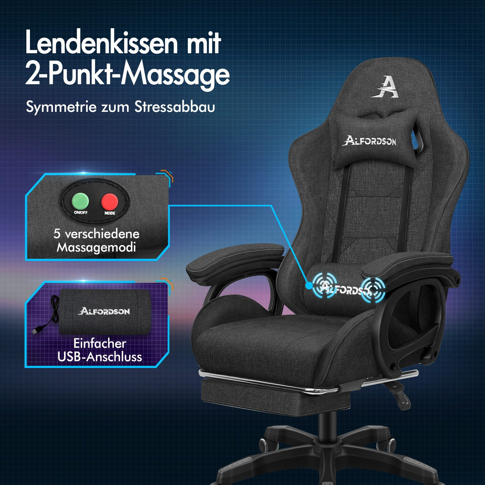 Silla gaming negra con reposacabezas, masaje de espalda y soporte lumbar. Incluye conexión USB y botones de control.