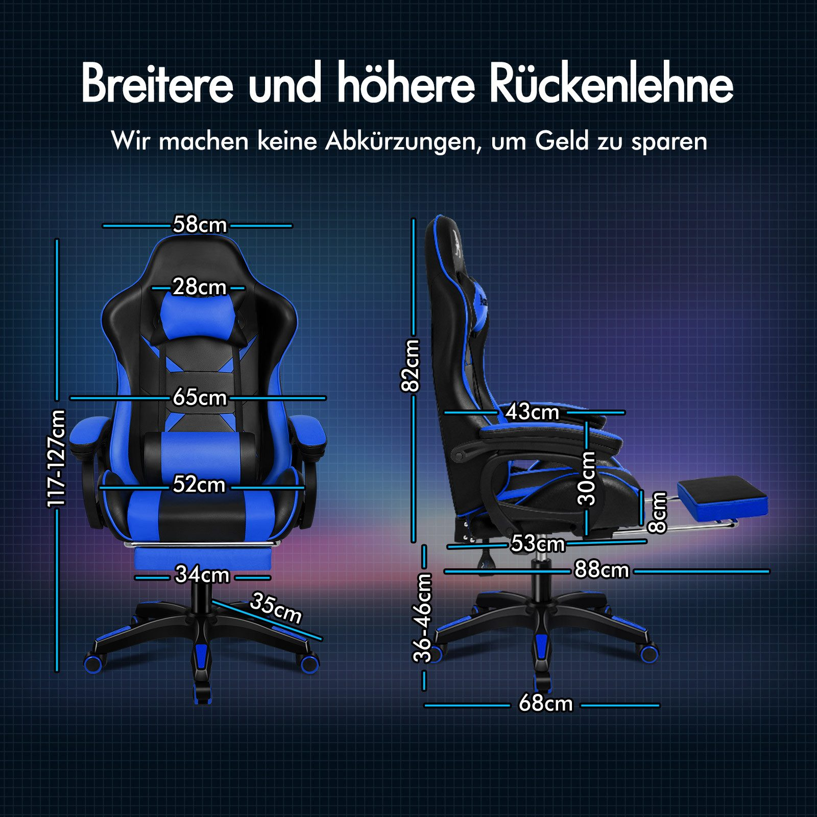 Ein blau-schwarzer Gaming-Stuhl mit beschrifteten Abmessungen. Der Text oben lautet 'Breitere und höhere Rückenlehne'.