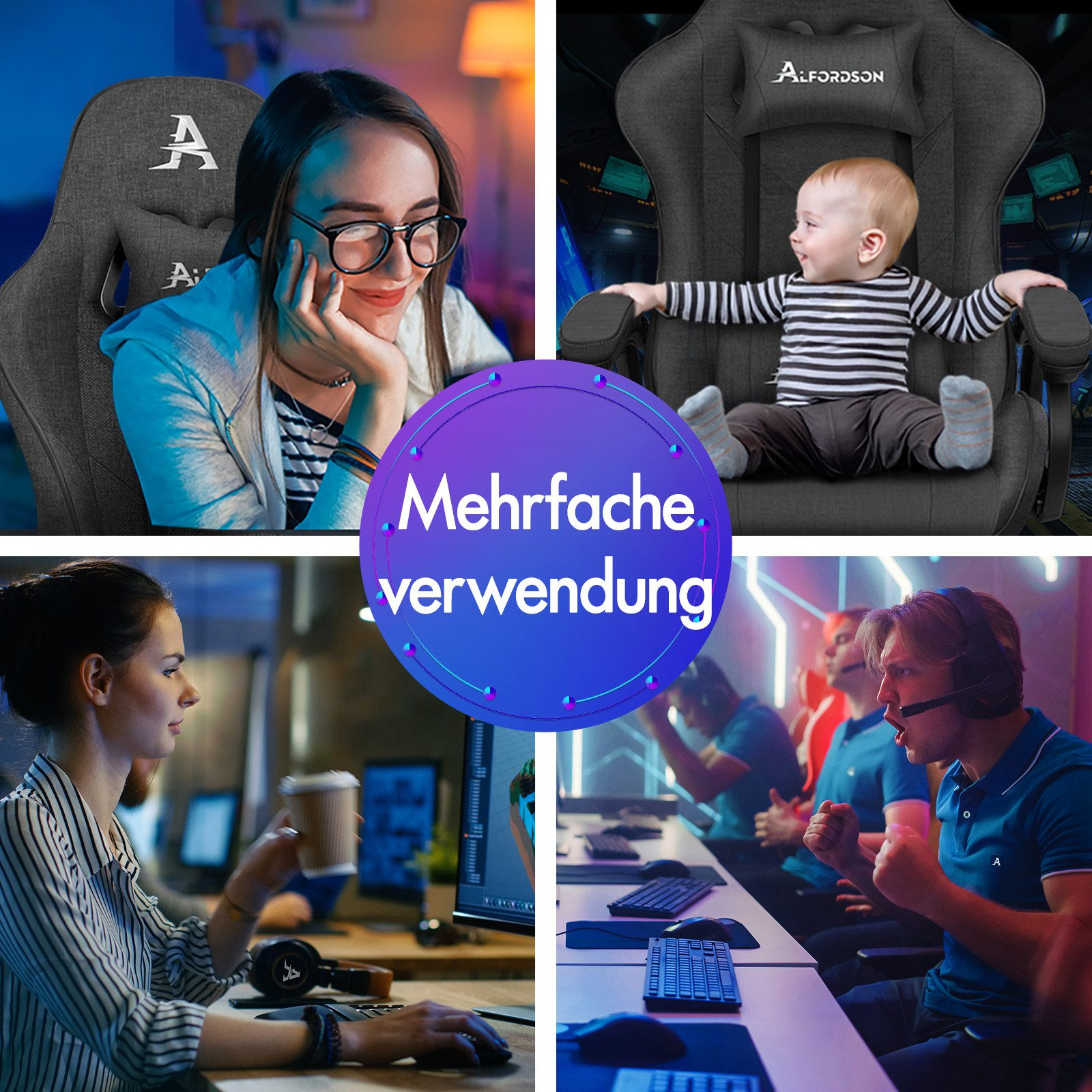 Montaje de imágenes: personas usando sillas gaming. Una mujer, un bebé, una mujer en una computadora y jugadores. Texto: Mehrfache Verwendung.