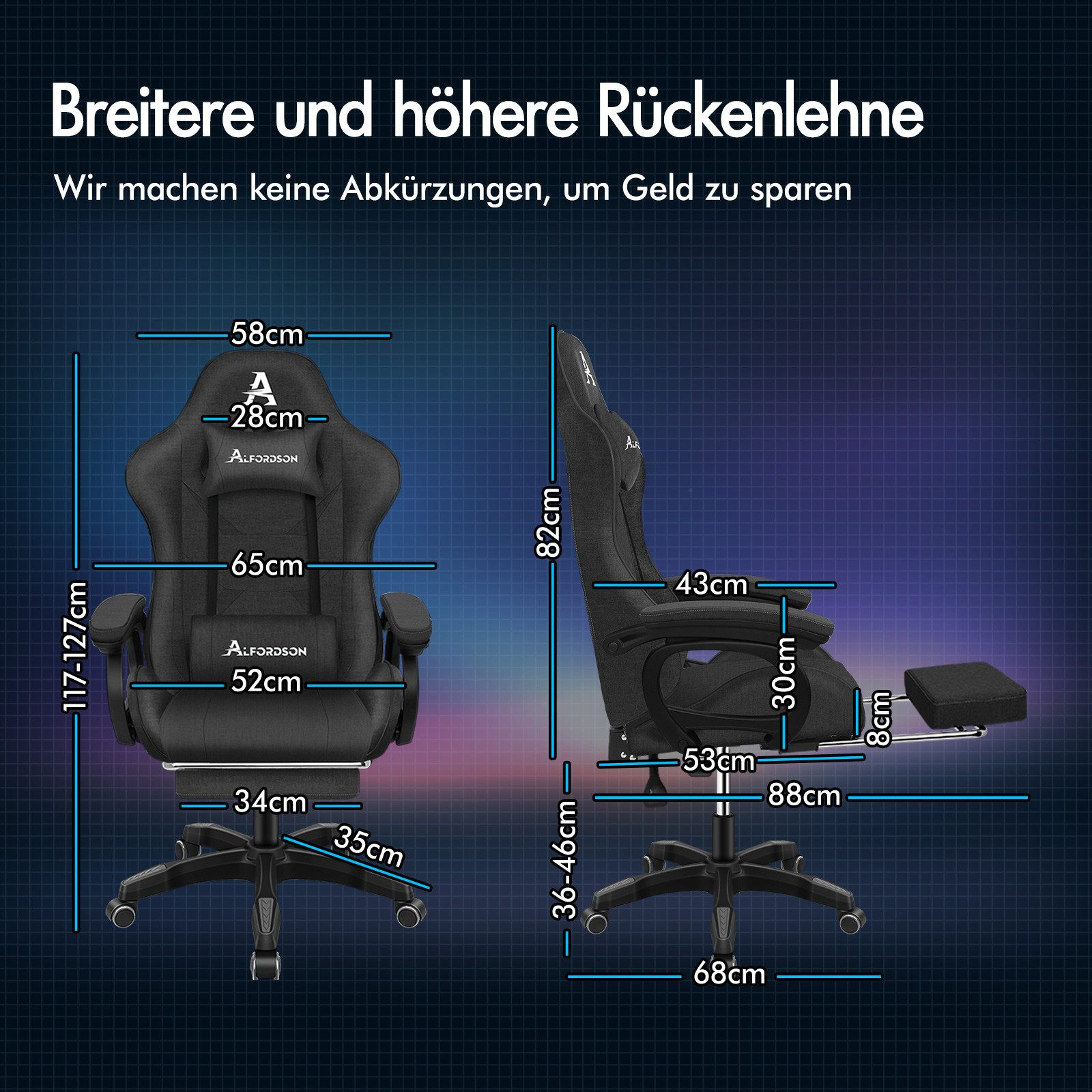 Una silla gaming con medidas. Texto arriba, dimensiones en cm. Fondo azul oscuro.