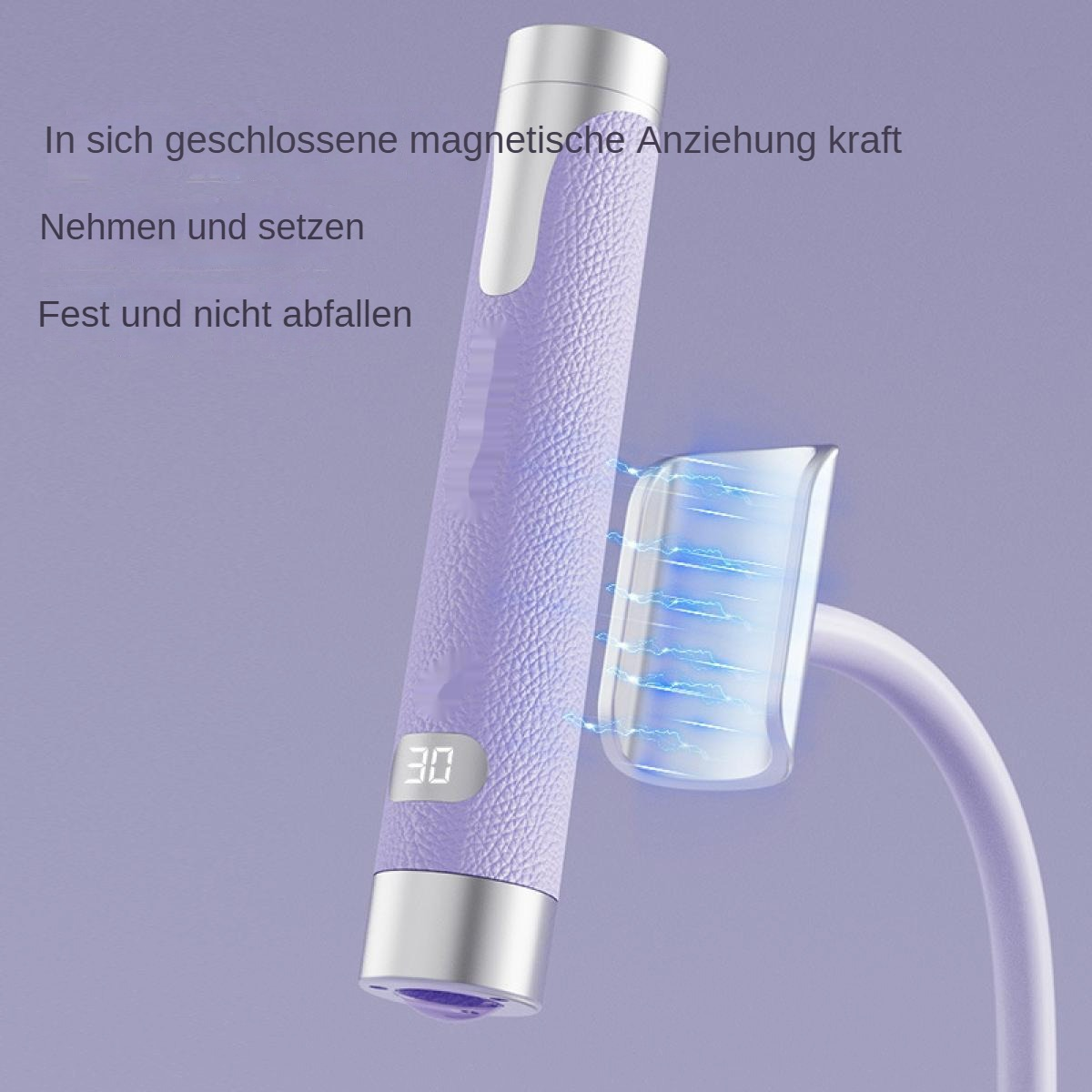 Ein lila, strukturiertes Gerät mit silberner Basis und Oberseite. Eine angeschlossene Lichtquelle zeigt blaue Energie. Nummer 30 wird angezeigt.