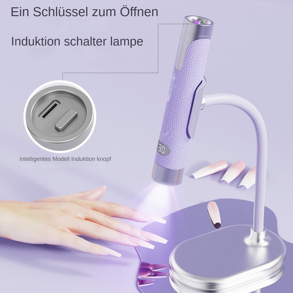 Eine Hand mit langen Nägeln befindet sich unter einer lila Lampe. Die Lampe steht auf einem Ständer, es gibt eine Ladestation und Text auf Deutsch.